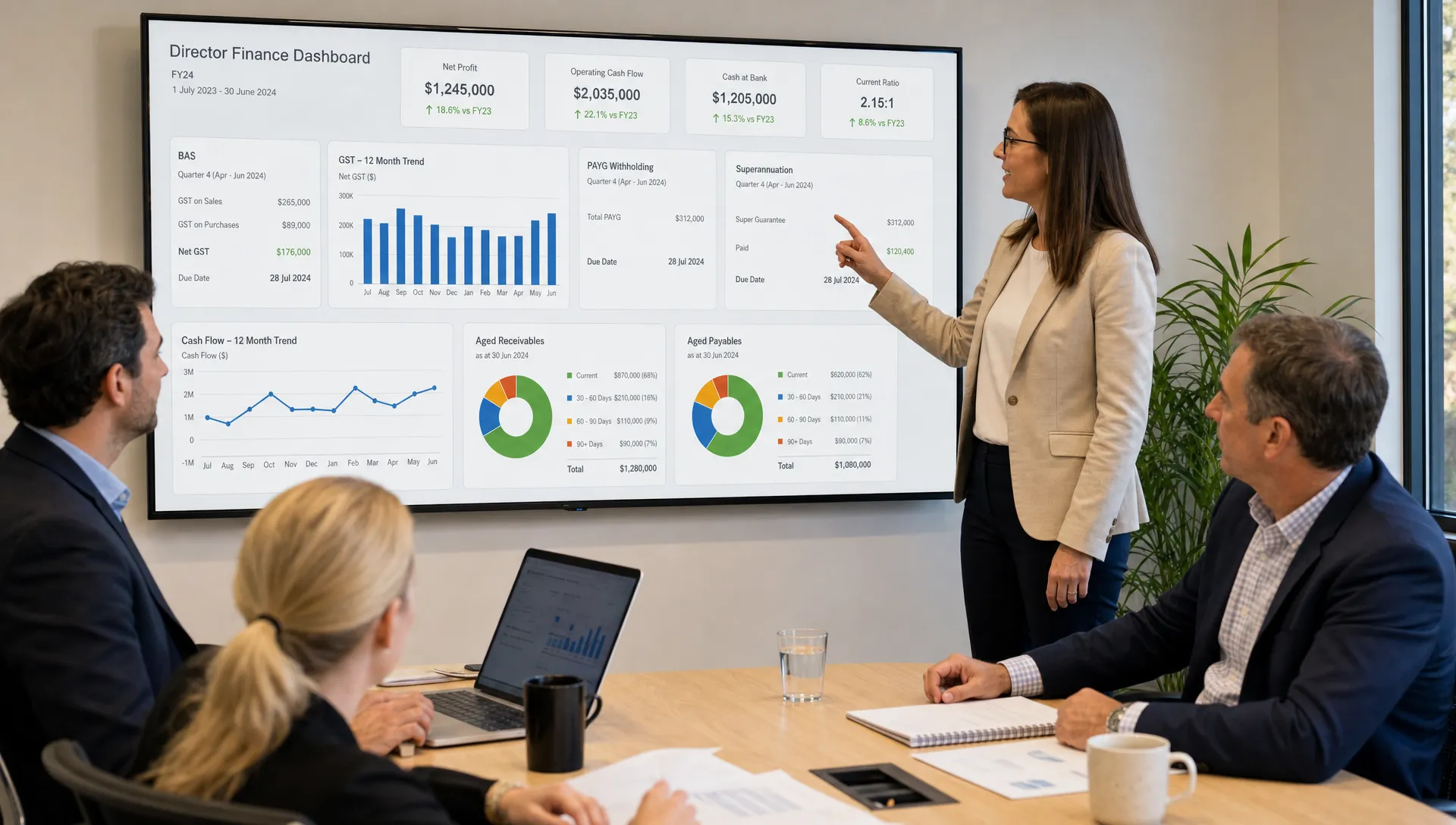 A finance team reviews a dashboard with BAS, GST, payroll, superannuation and cash flow metrics for company directors.