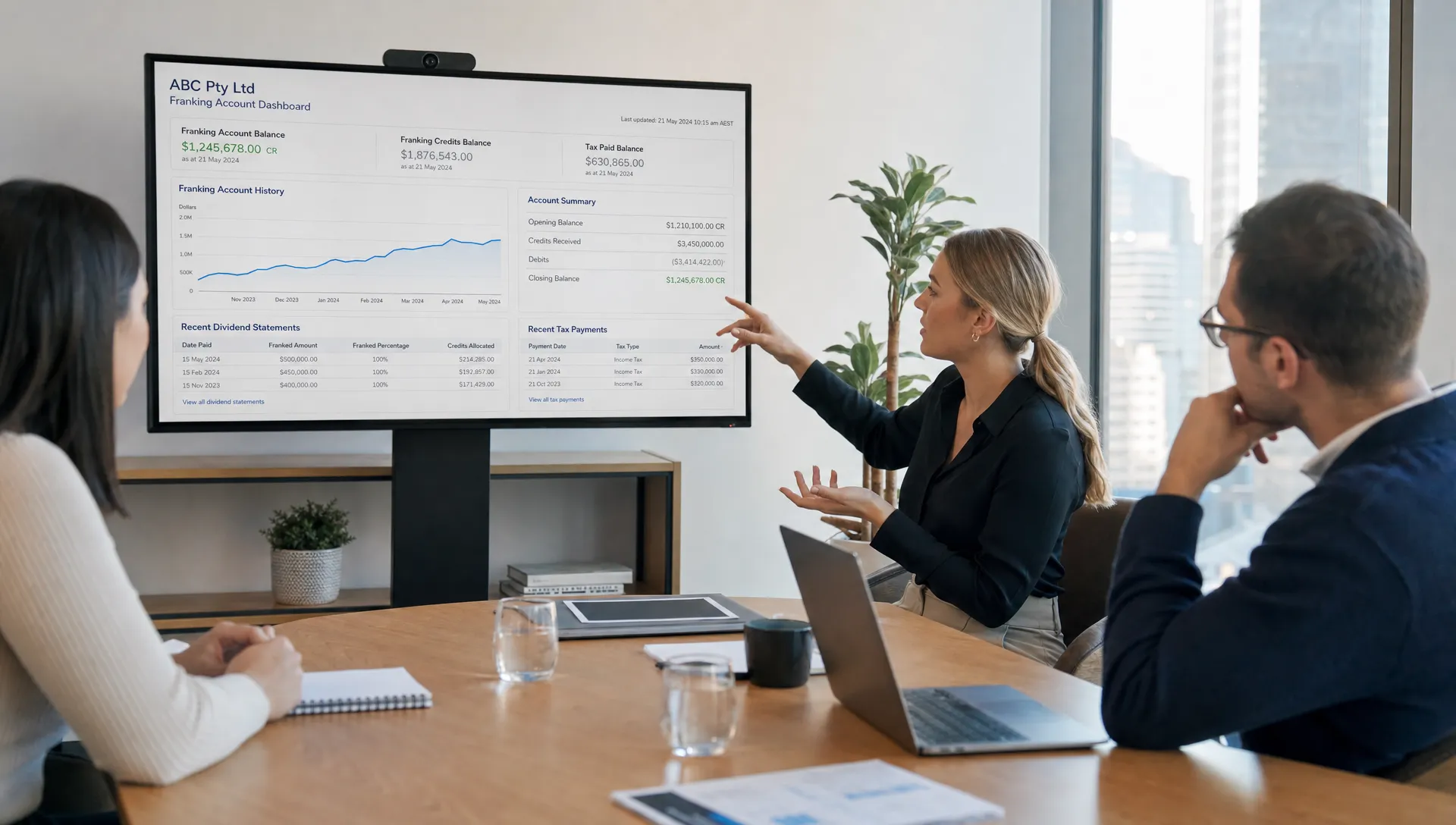A finance team reviews an Australian company franking account dashboard with dividend records and tax payments in an advisory workspace.