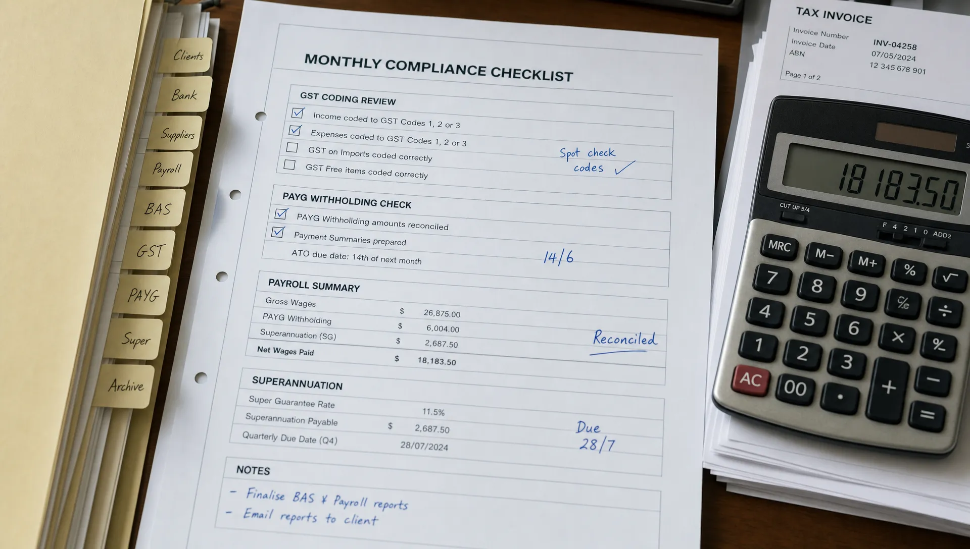 a-marked-up-compliance-checklist-sits-beside-payro-d98dca86-1790032058364 A marked-up compliance checklist sits beside payroll totals, GST coding and Superannuation due dates.