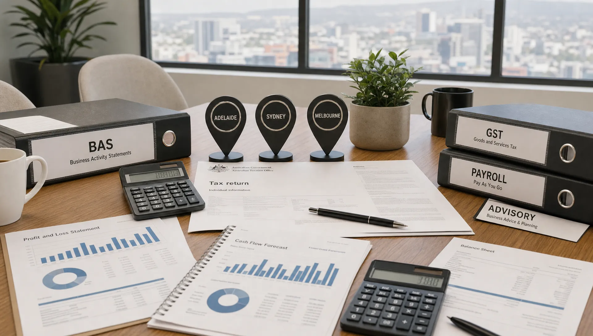 A meeting table holds Australian tax documents, financial reports, calculators and folders for BAS, GST, payroll and advisory, with city markers for Adelaide, Sydney and Melbourne.