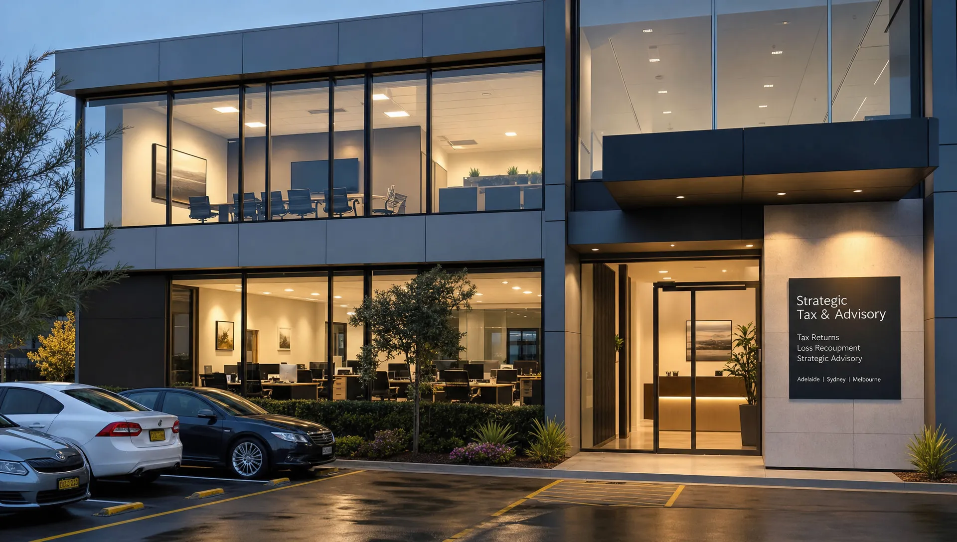 A modern Australian accounting office exterior suggests support for corporate tax returns and loss management.