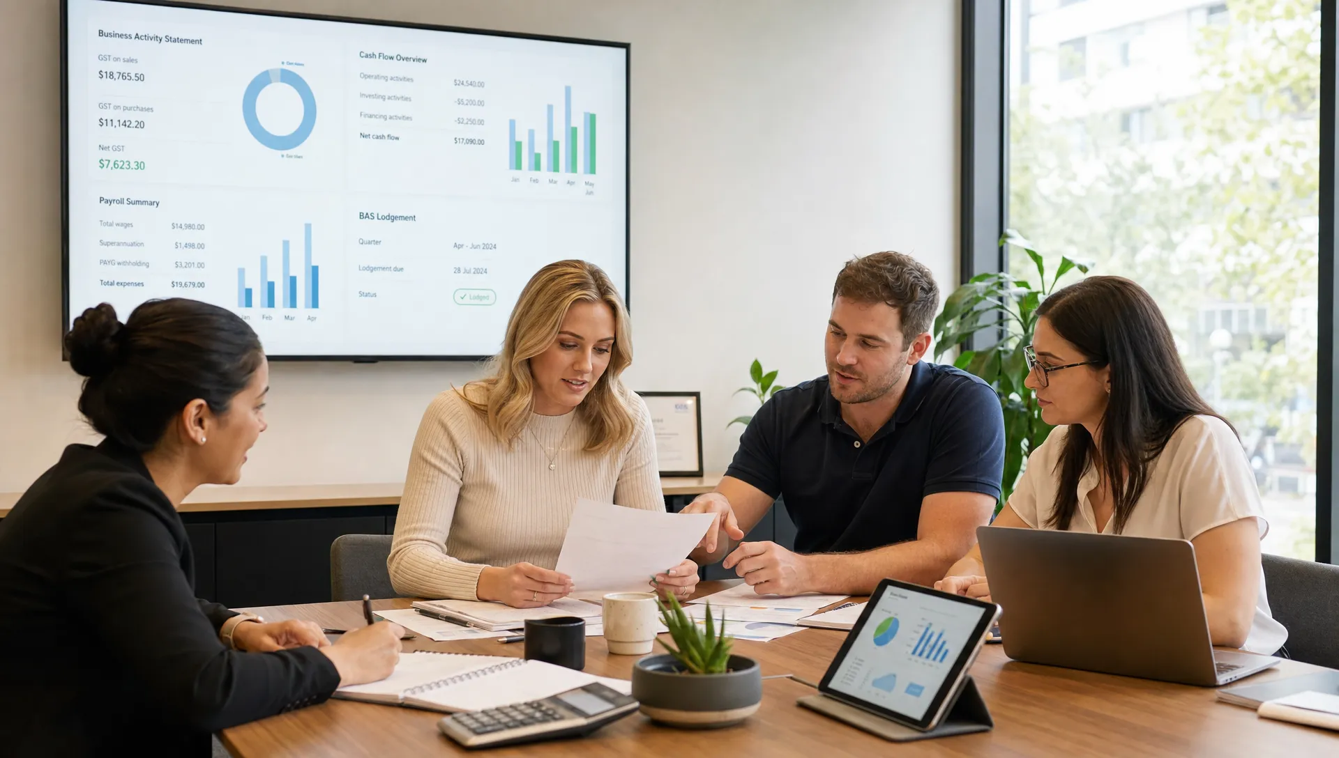 A modern Australian accounting team reviewing BAS, GST, payroll and cash flow reports together in an office setting.