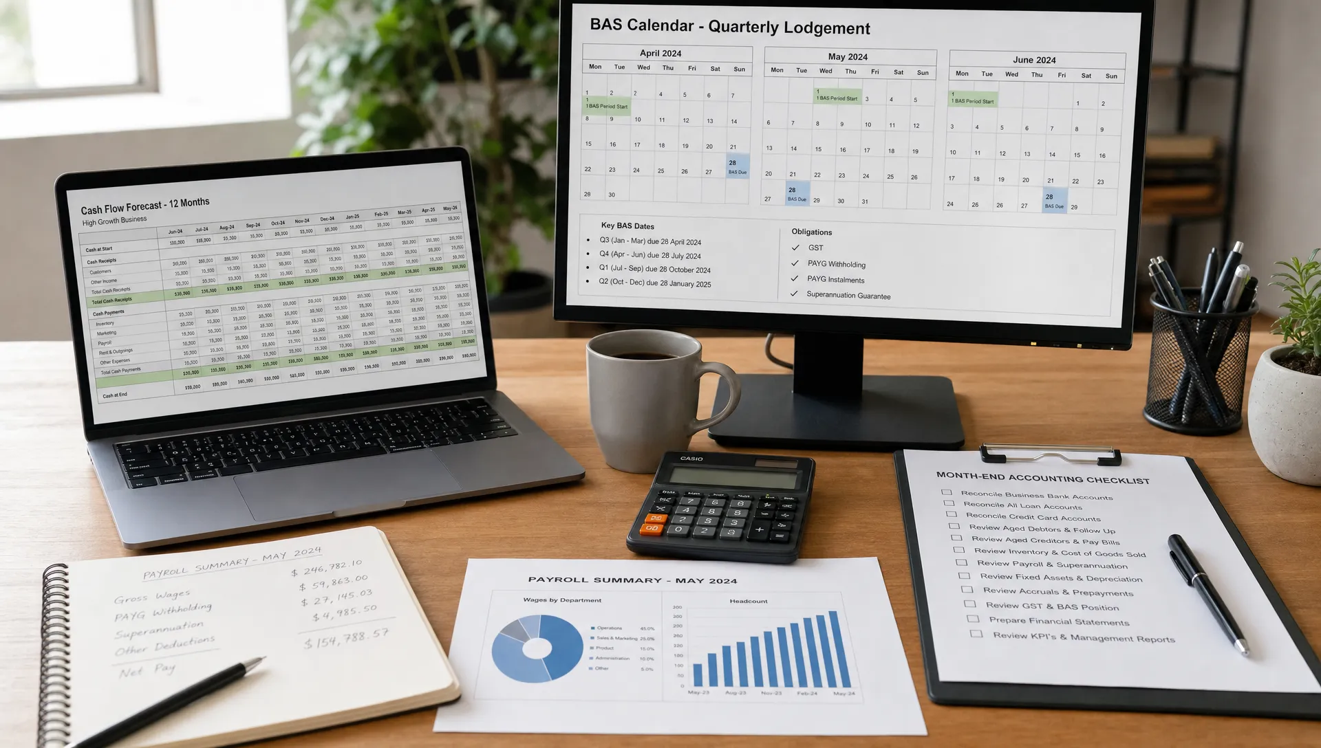 A month-end bookkeeping desk shows BAS calendars, cash flow forecasts, payroll summaries and an accounting checklist for a high-growth business.