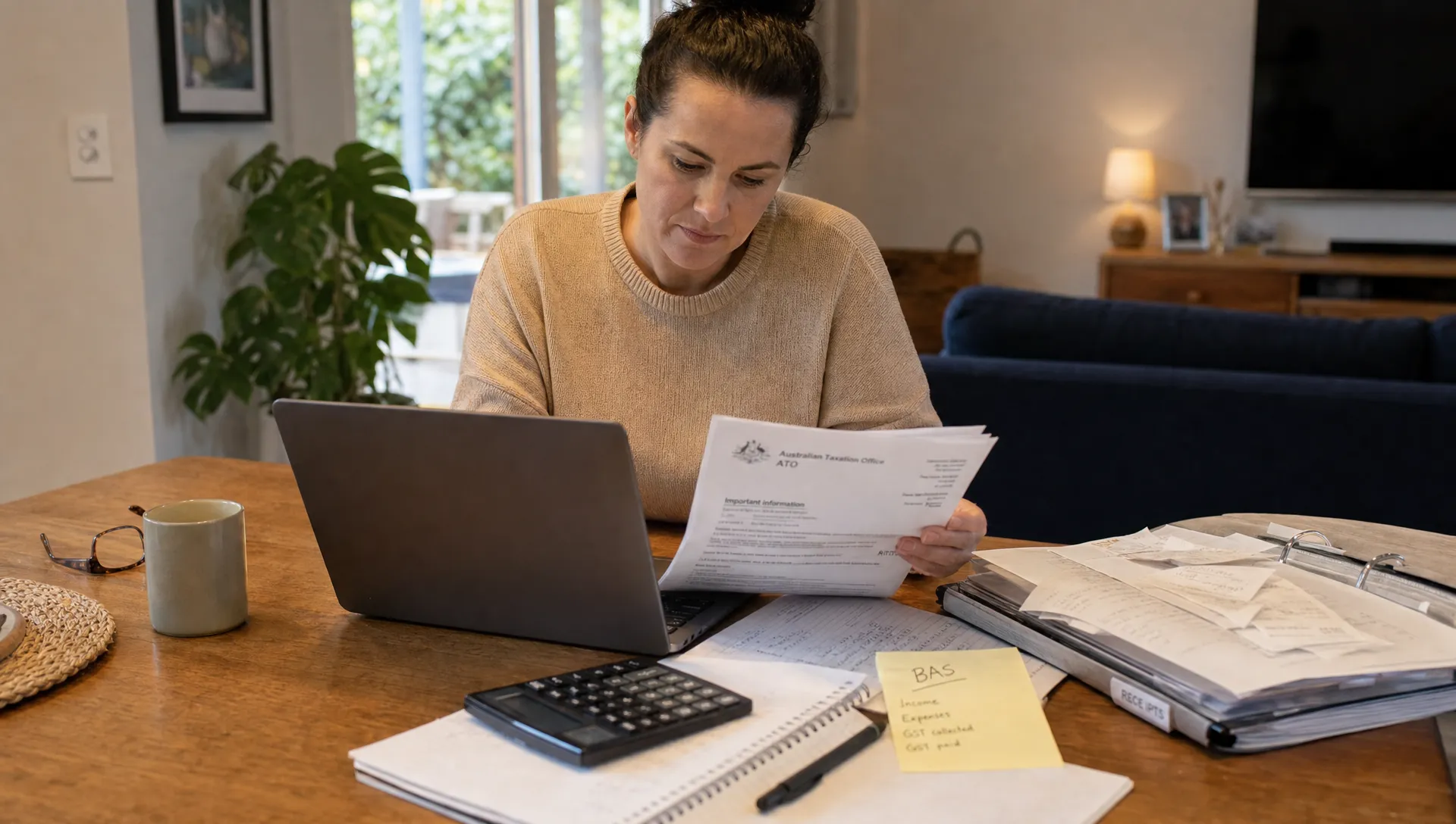 A small-business owner reviews ATO letters, BAS notes and receipts at a home dining table after hours.