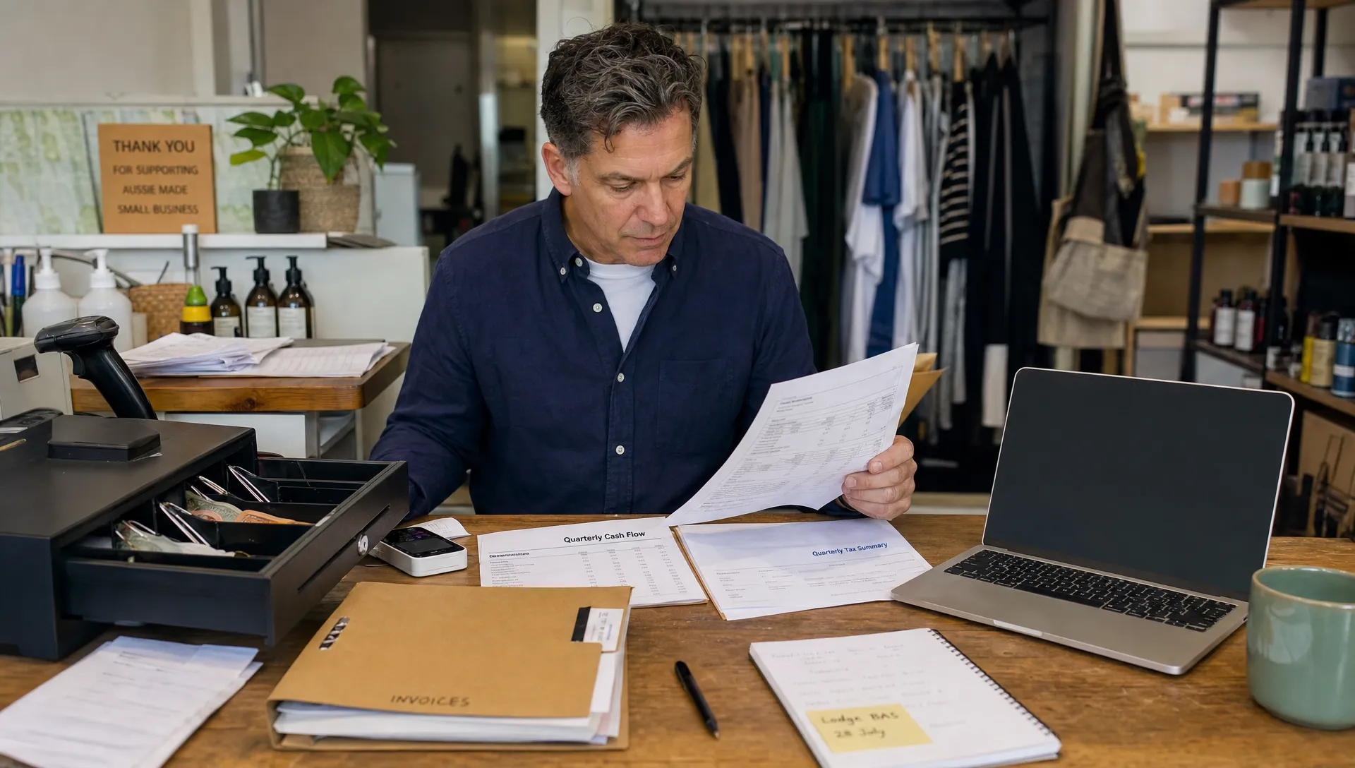 a-small-business-owner-reviews-tax-and-cash-flow-p-ec639bf9-1789339604152 A small business owner reviews tax and cash flow papers beside a retail counter.