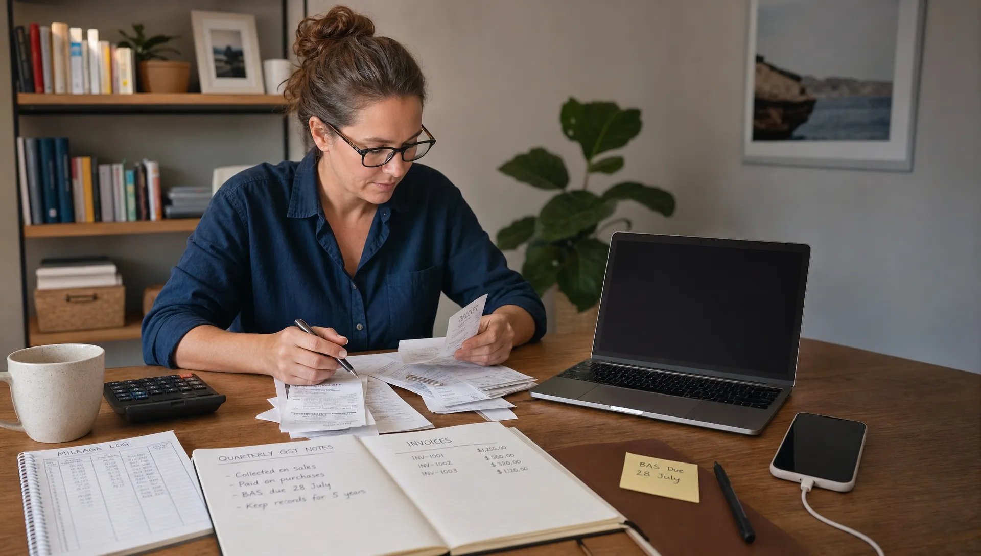 a-sole-trader-reviews-receipts-invoicing-records-a-b393c759-1789599566981 A sole trader reviews receipts, invoicing records and GST notes in a home study.