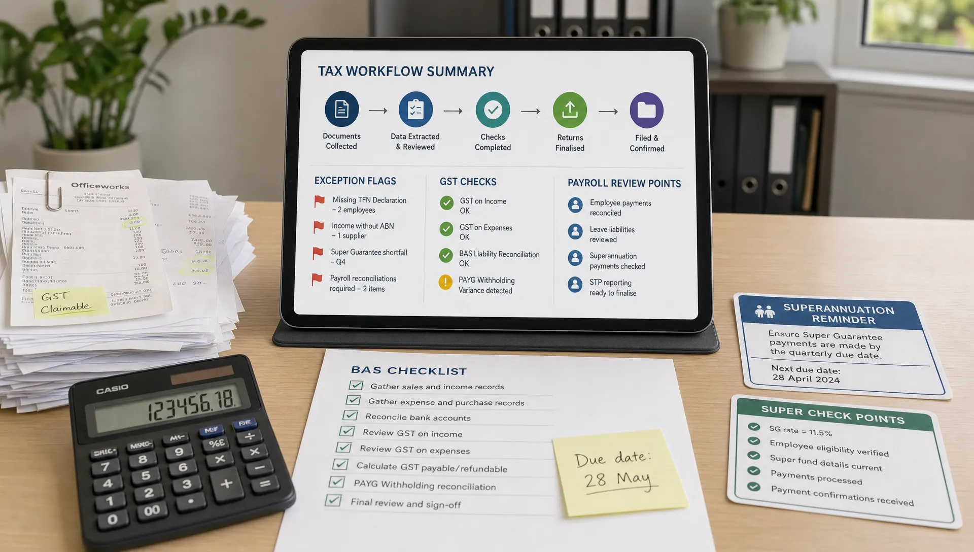 a-tablet-and-tax-documents-show-workflow-checks-gs-91352fe4-1788387258861 A tablet and tax documents show workflow checks, GST flags and payroll review points for Australian compliance.