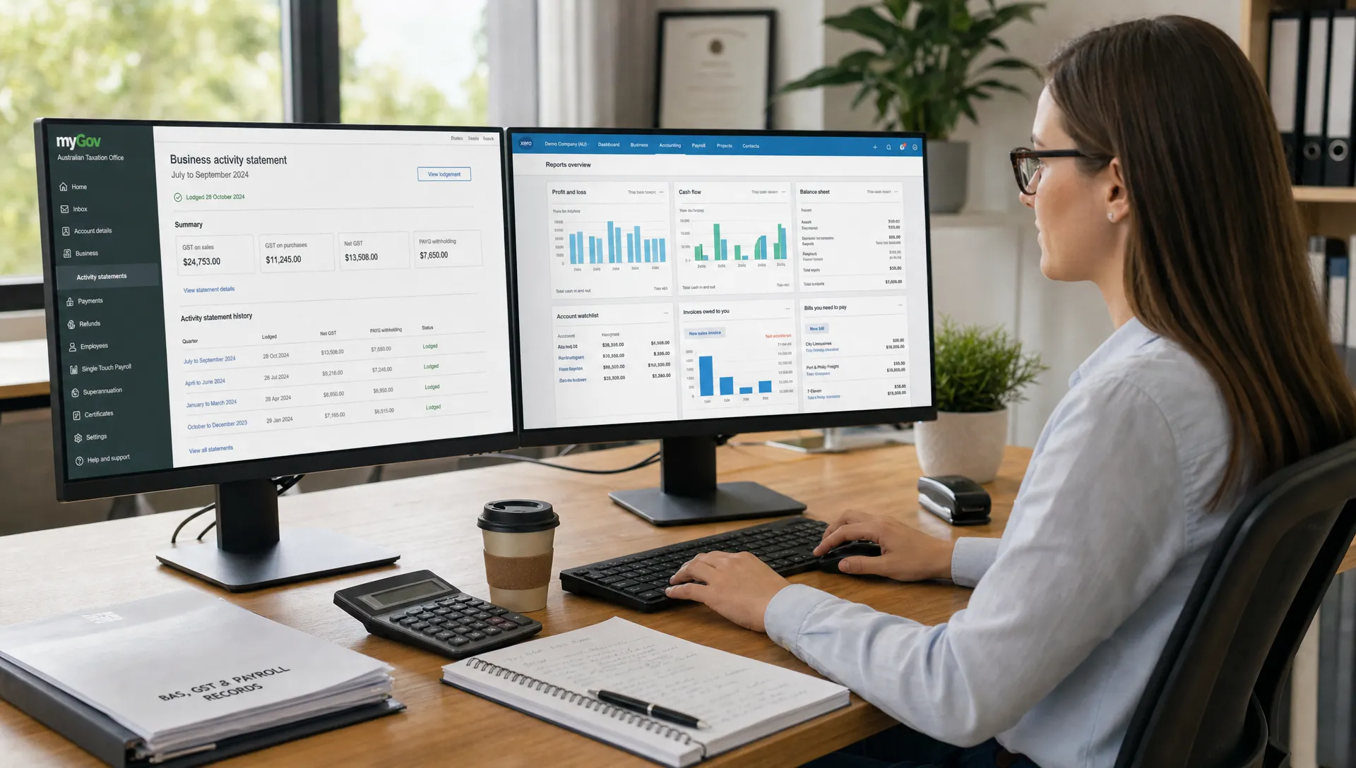 A tax agent reviews BAS, GST, payroll and ATO records through secure digital accounting systems for an Australian business.