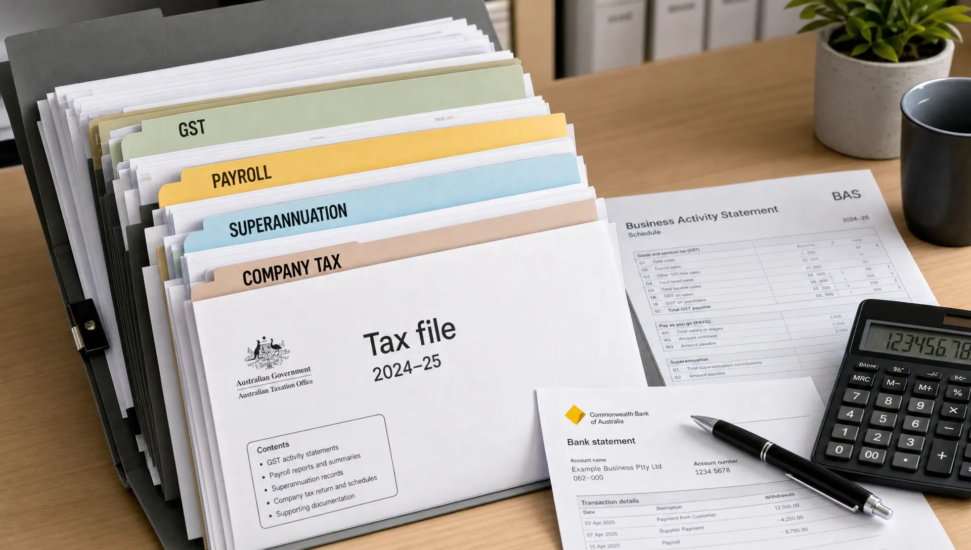A tax file, calculator and BAS schedule sit ready for an Australian compliance review.