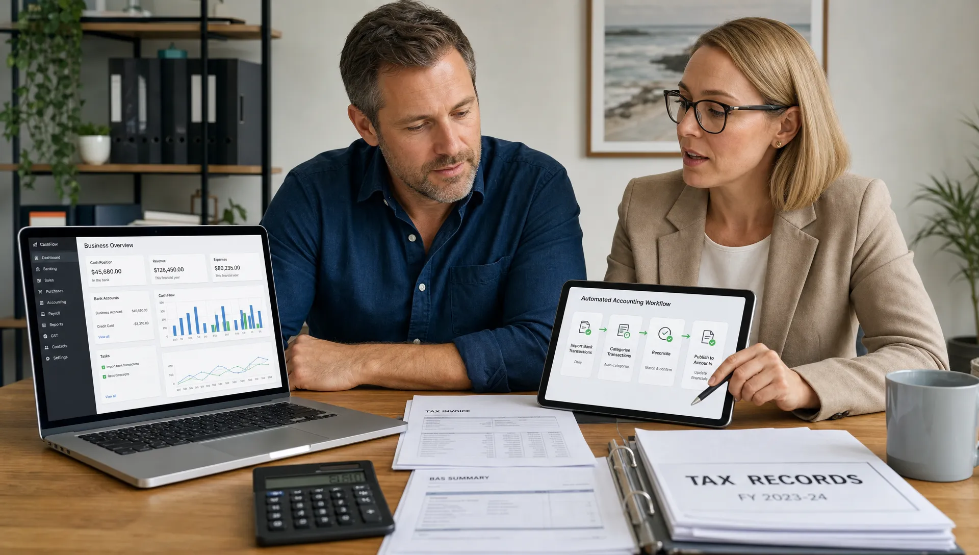 An Australian business owner and accountant review automated accounting workflows on a laptop and tablet with financial charts on the screens and tax records on the desk.