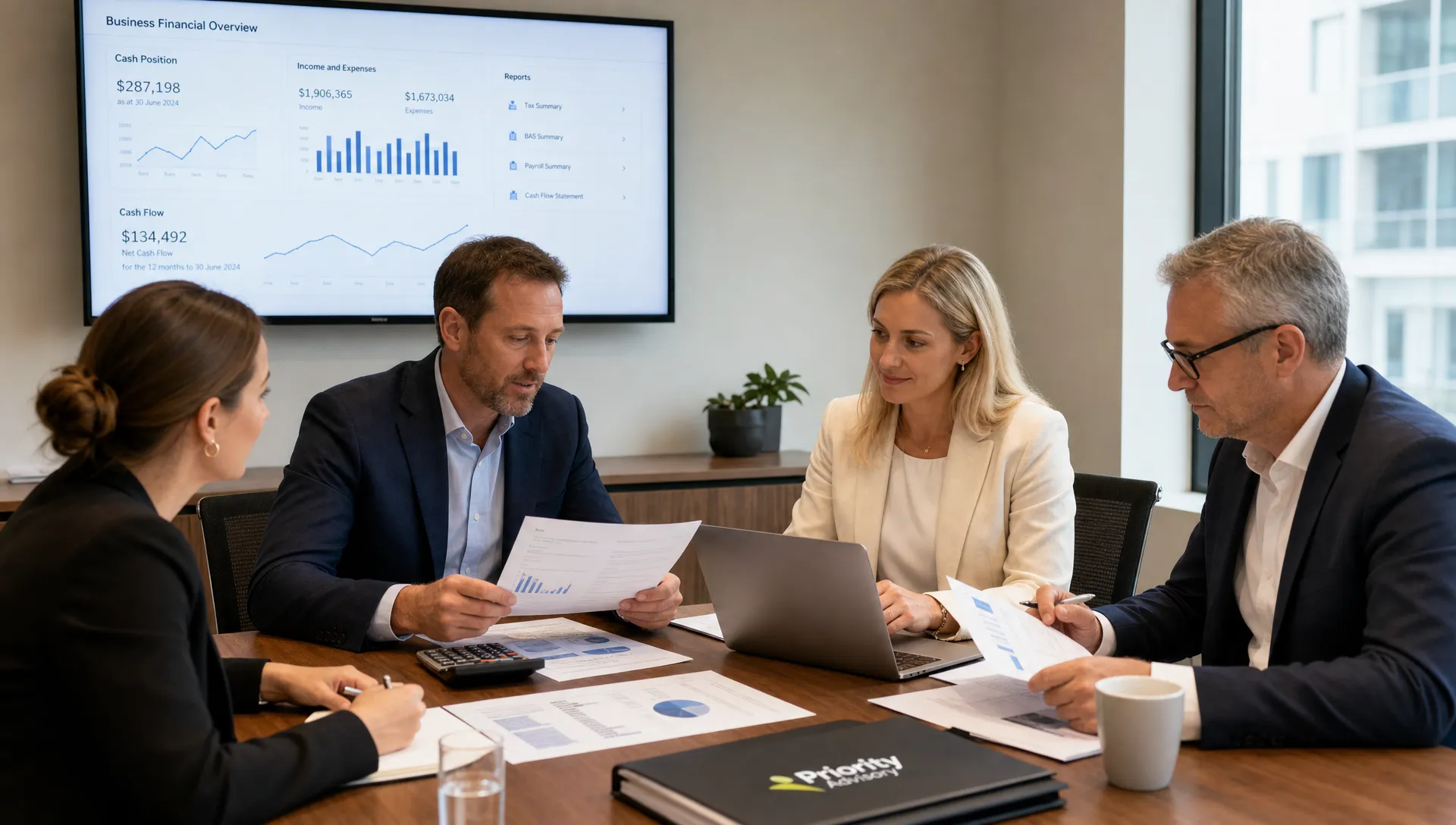 Australian company directors and accountants review tax, BAS, payroll and cash flow reports in a professional meeting room.