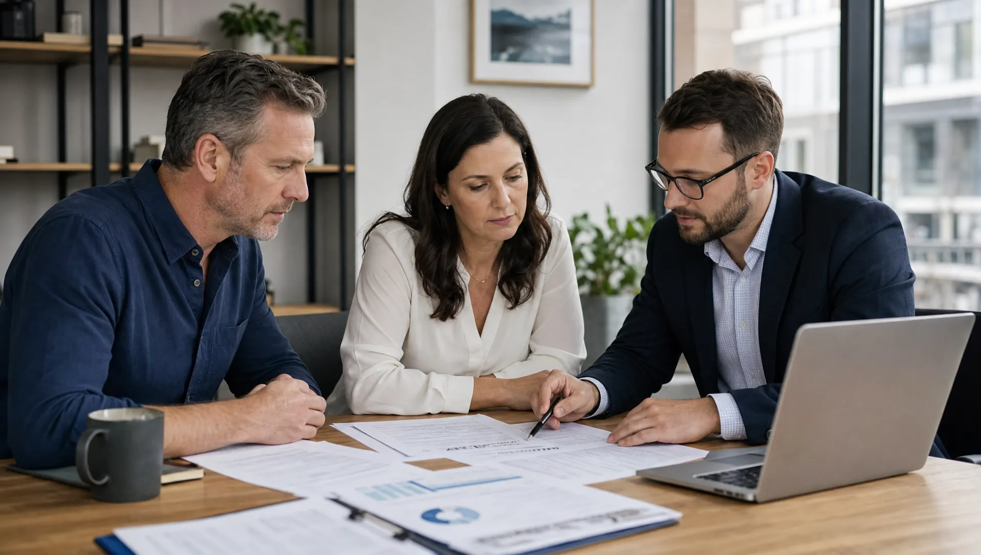 Business owners and an accounting consultant review deal documents, tax schedules and financial reports around a meeting table.