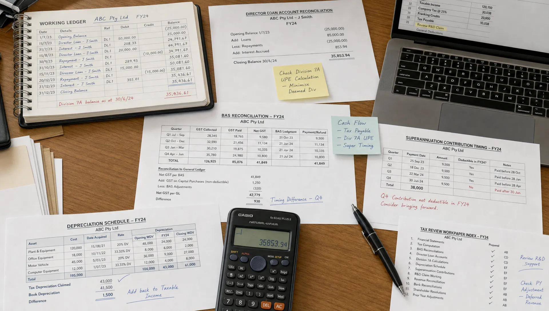 EOFY workpapers, director loan notes and BAS reconciliations fill a desk beside a calculator and laptop.