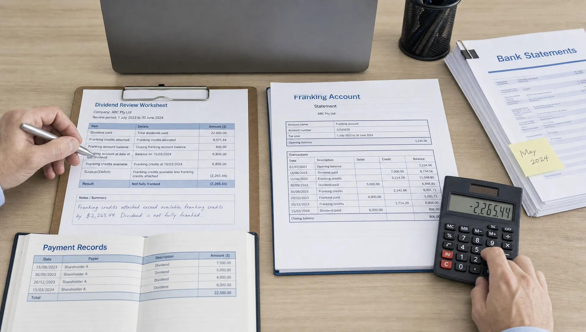 Hands at an advisory desk check dividend records, a calculator and franking account papers during a review of franking credits.