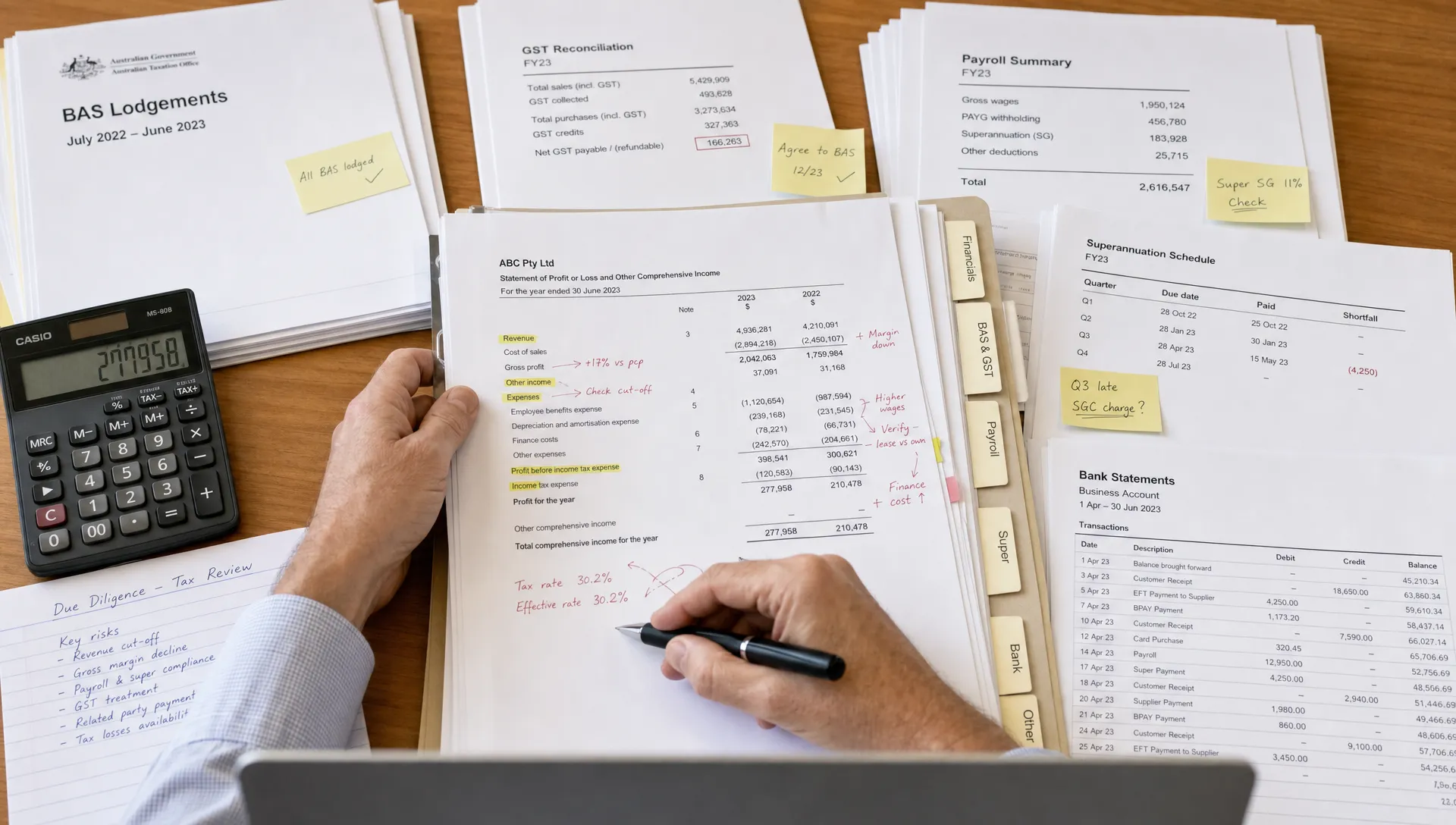 hands-sort-acquisition-documents-bas-records-and-p-ee83e9e0-1789945976583 Hands sort acquisition documents, BAS records and payroll summaries during a tax review.