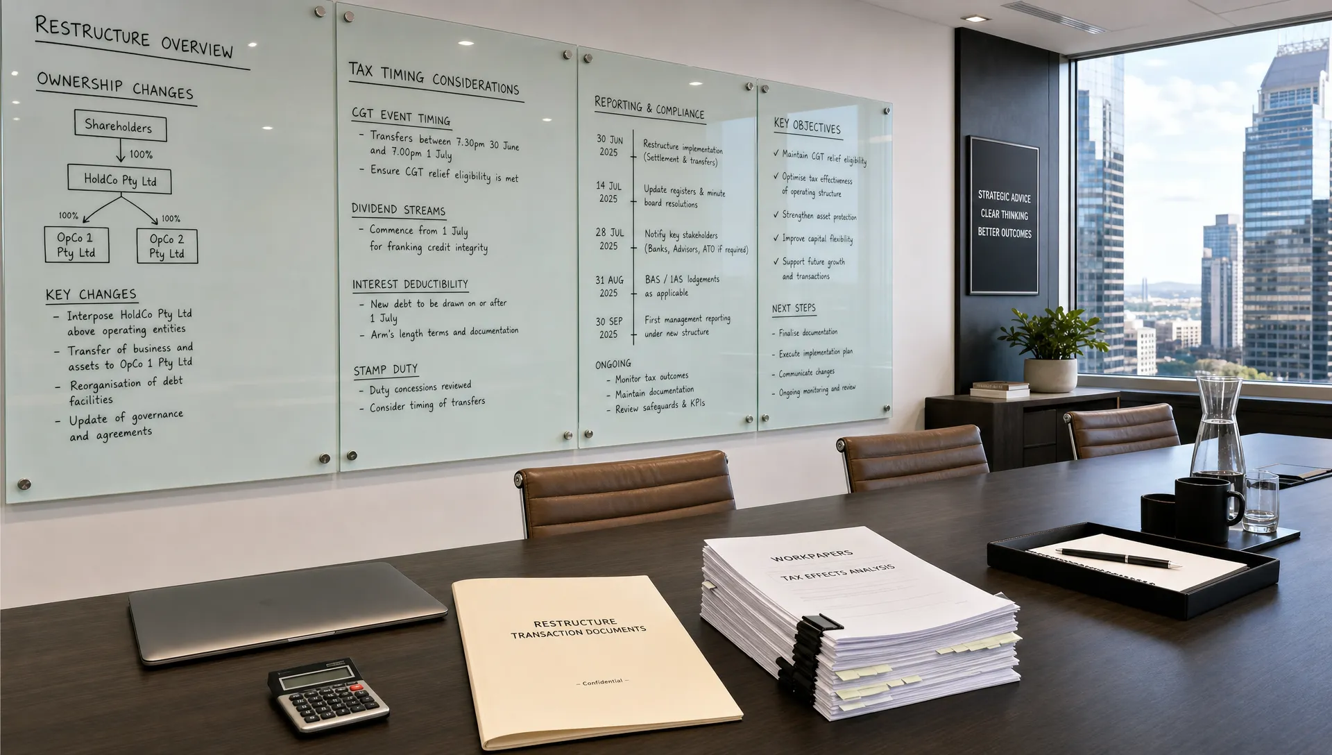 Modern Australian finance office with restructure notes on glass boards and tax workpapers on the meeting table.