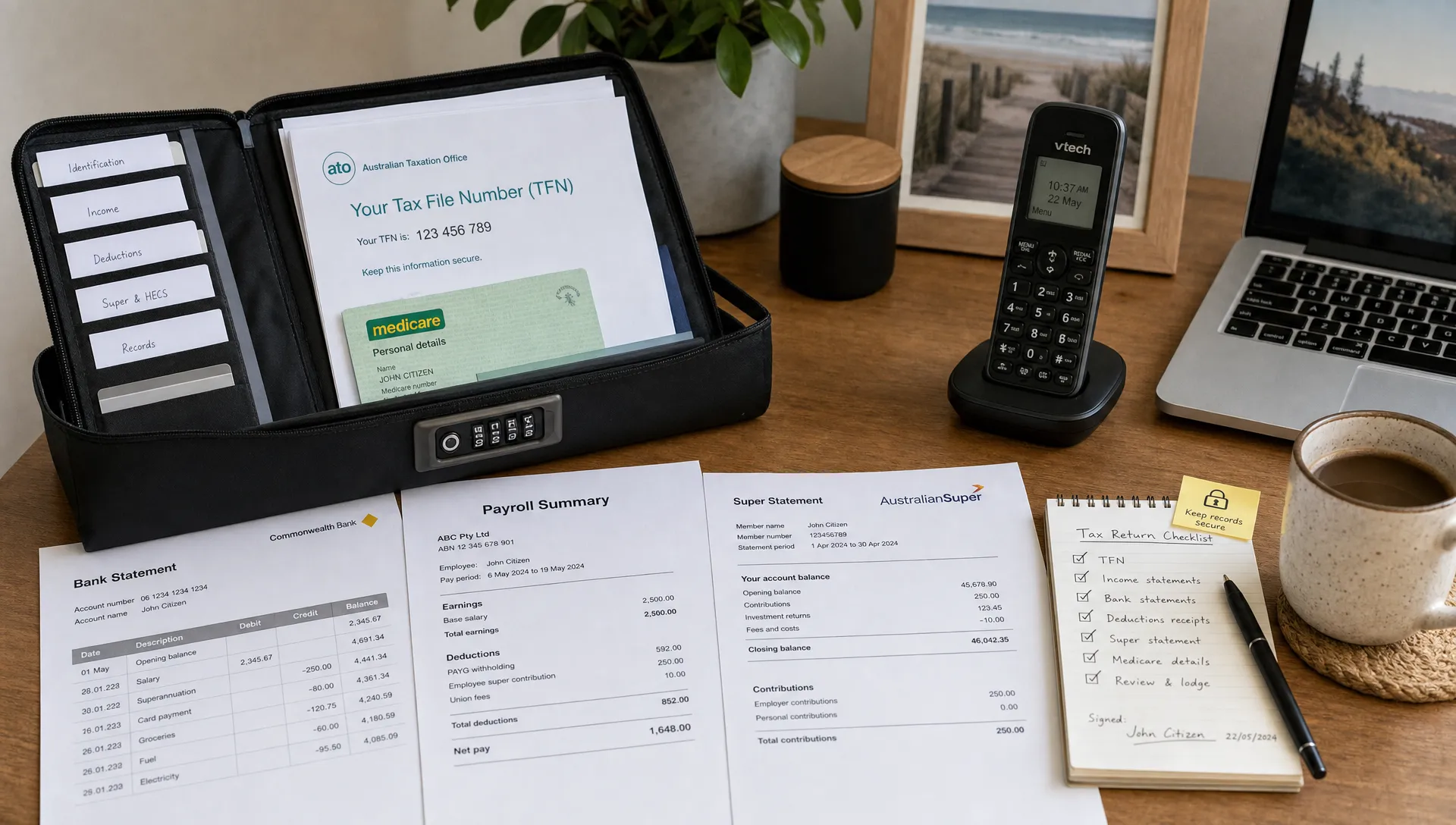 TFN paperwork, bank statements and a checklist sit open on a home desk for tax review.