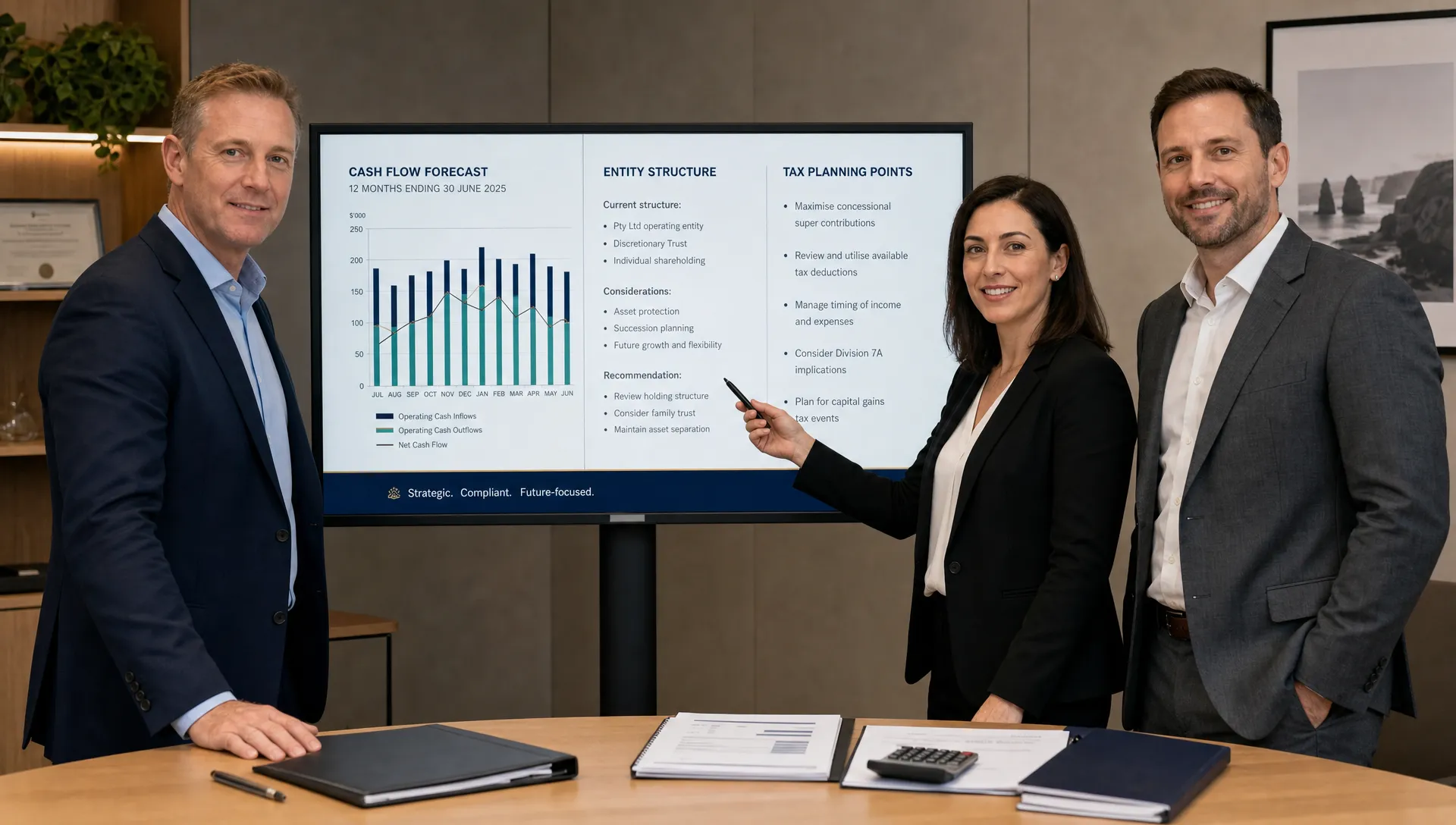 two-business-directors-and-an-accountant-review-a–1eff5e24-1788303550570 Two business directors and an accountant review a cash flow forecast, entity structure notes and tax planning points beside a standing screen.