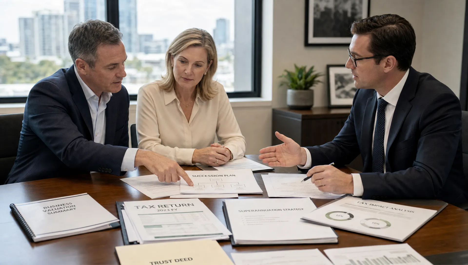 two-company-directors-and-a-chartered-accountant-d-ffde54d7-1790200940430 Two company directors and a Chartered Accountant discuss tax implications of a succession plan in a boardroom.