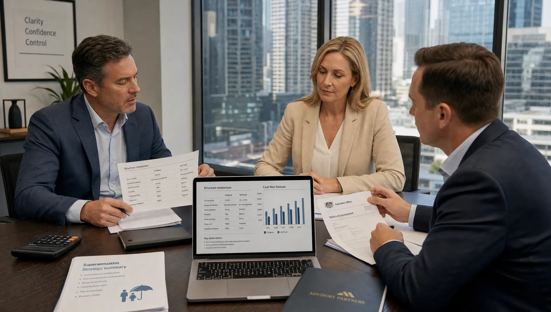 Two company directors and a tax accountant review tax planning papers in a boardroom.