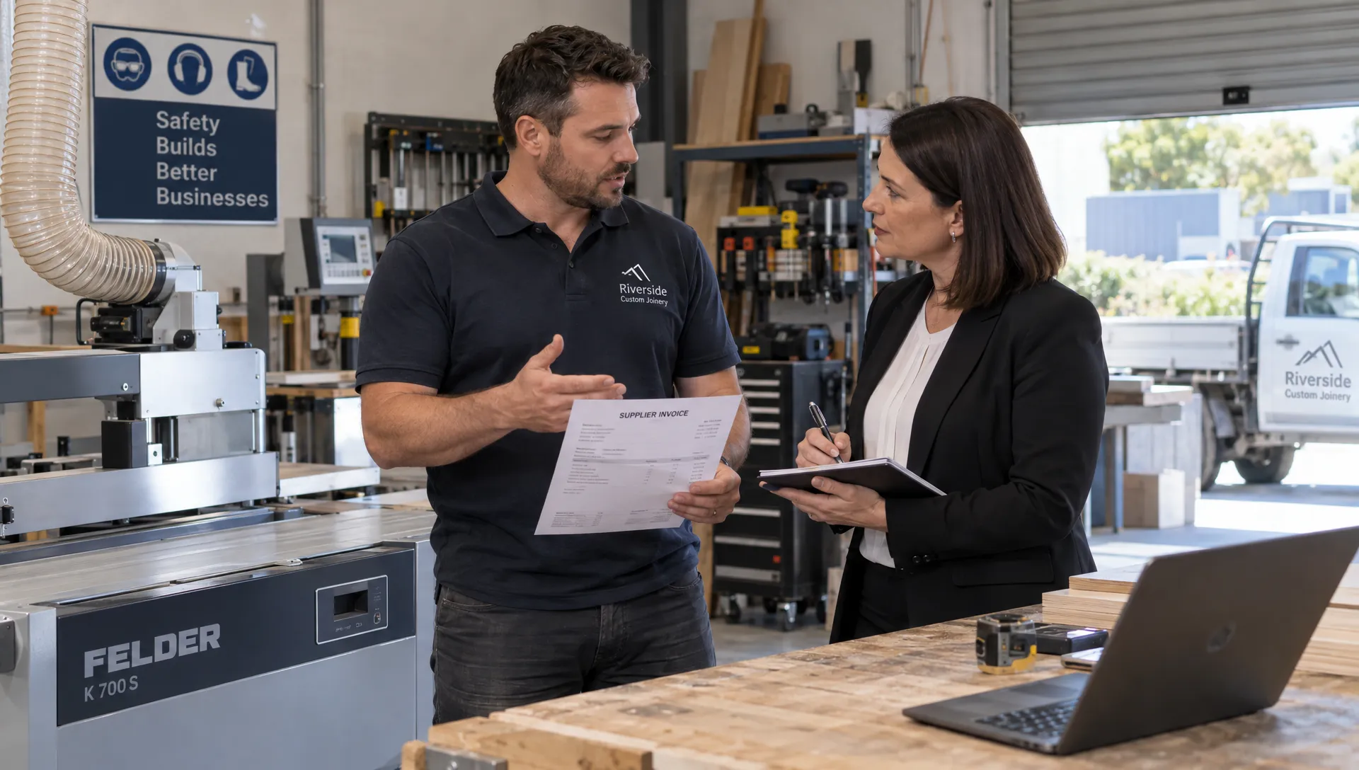 A business owner discusses an equipment purchase with an accountant while assessing records for a company tax return.