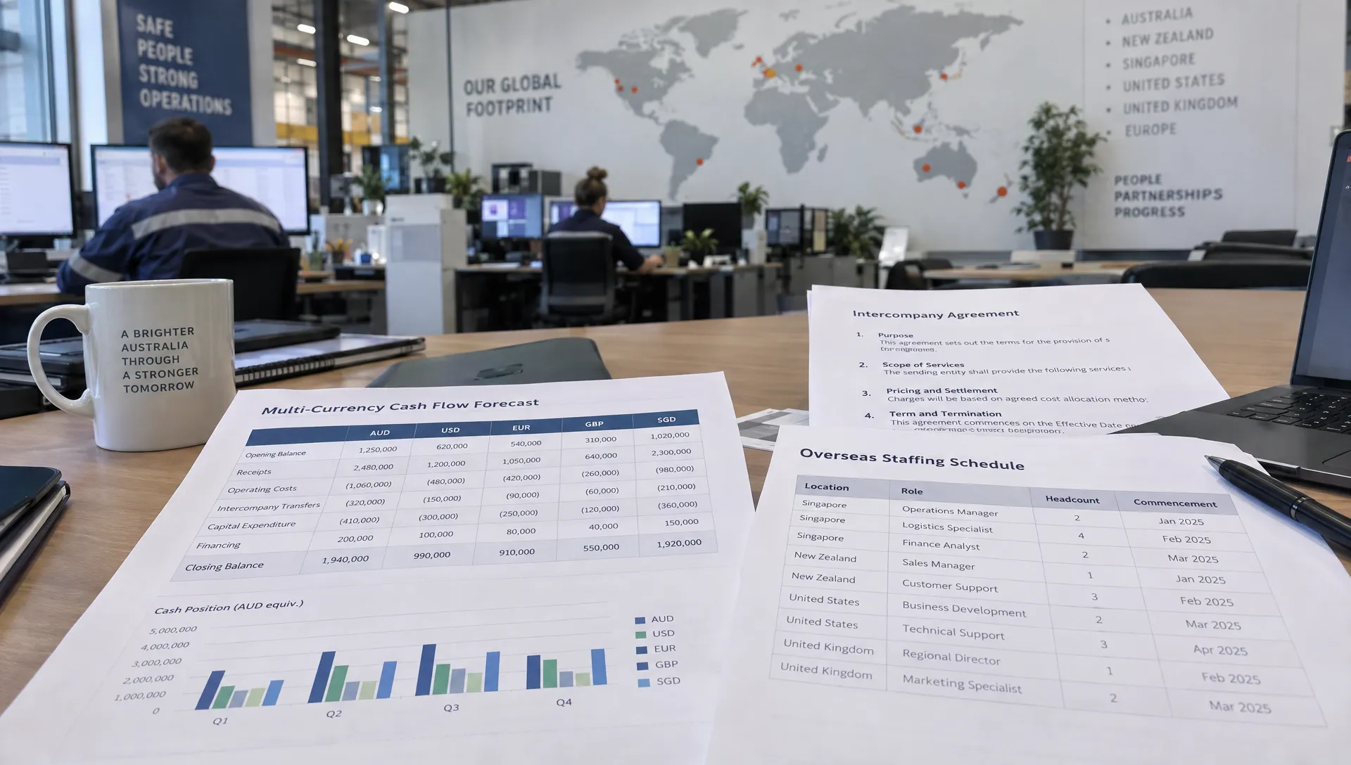 A cash-flow forecast, intercompany agreement and overseas staffing schedule support CPA tax planning for business expansion.