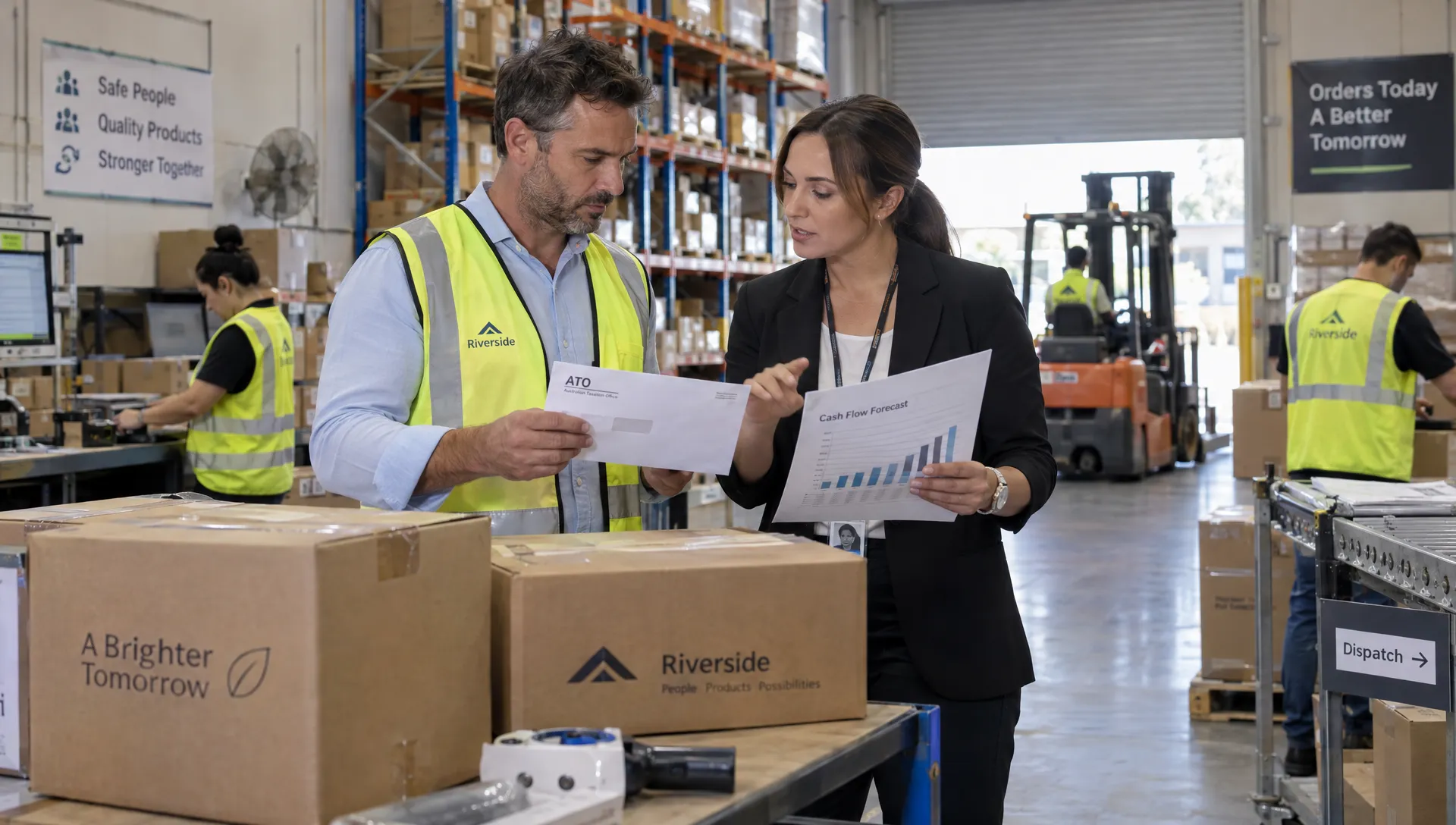A company director and operations manager discuss ATO correspondence beside packed orders while weighing the cash-flow impact of overdue tax obligations.