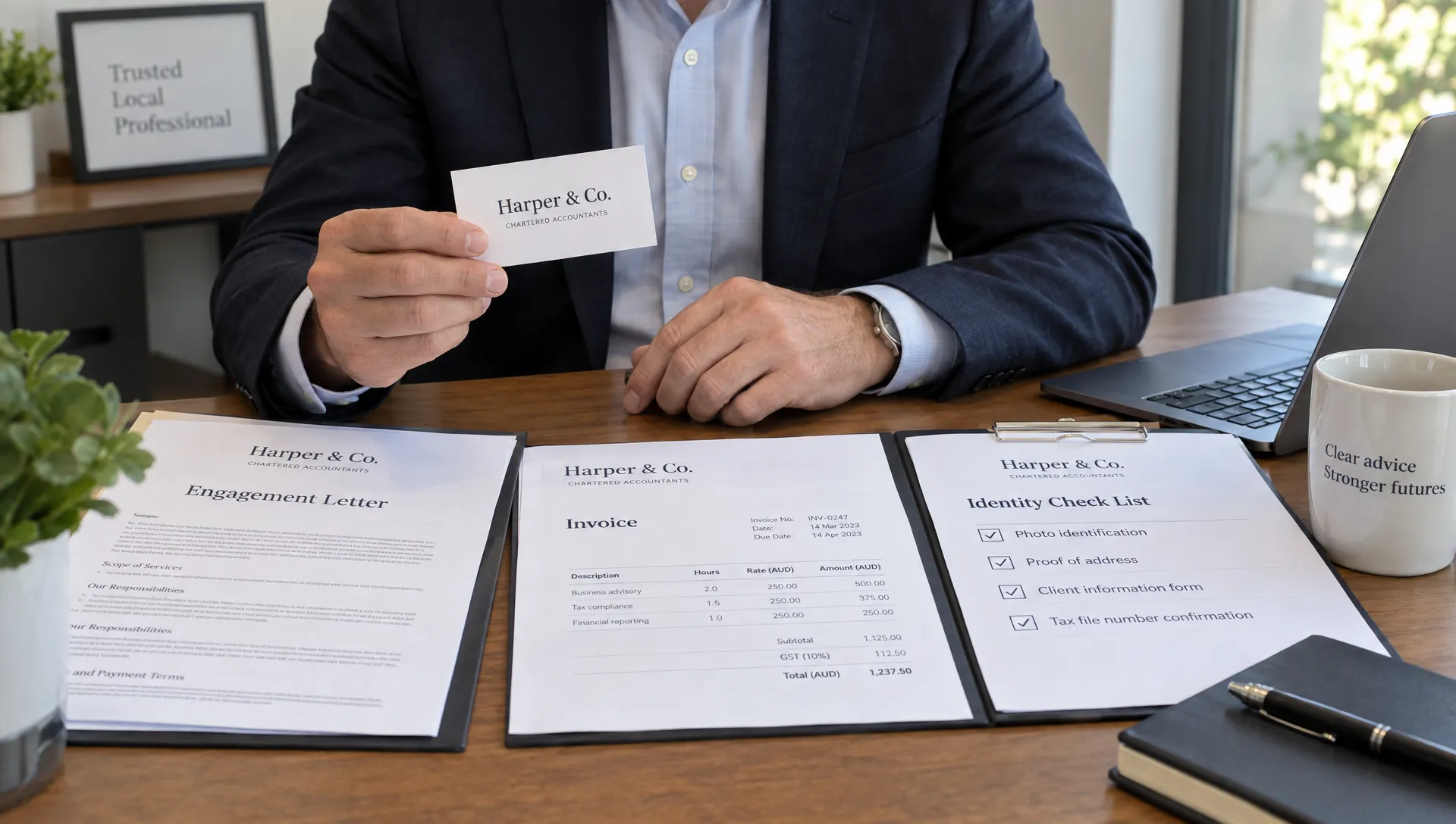 A director holds a business card while comparing the firm's name with an engagement letter, invoice and identity-check list at a consultation table.