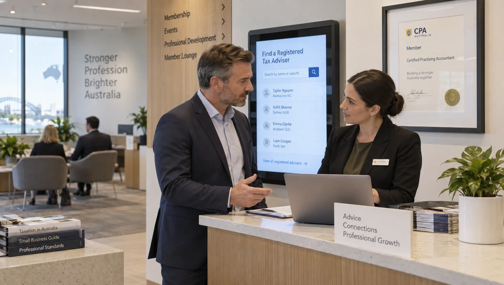 a-director-talks-with-a-tax-adviser-near-a-profess-8659e25f-1790985800229 A director talks with a tax adviser near a professional register, considering the credentials behind an accounting firm's brand.