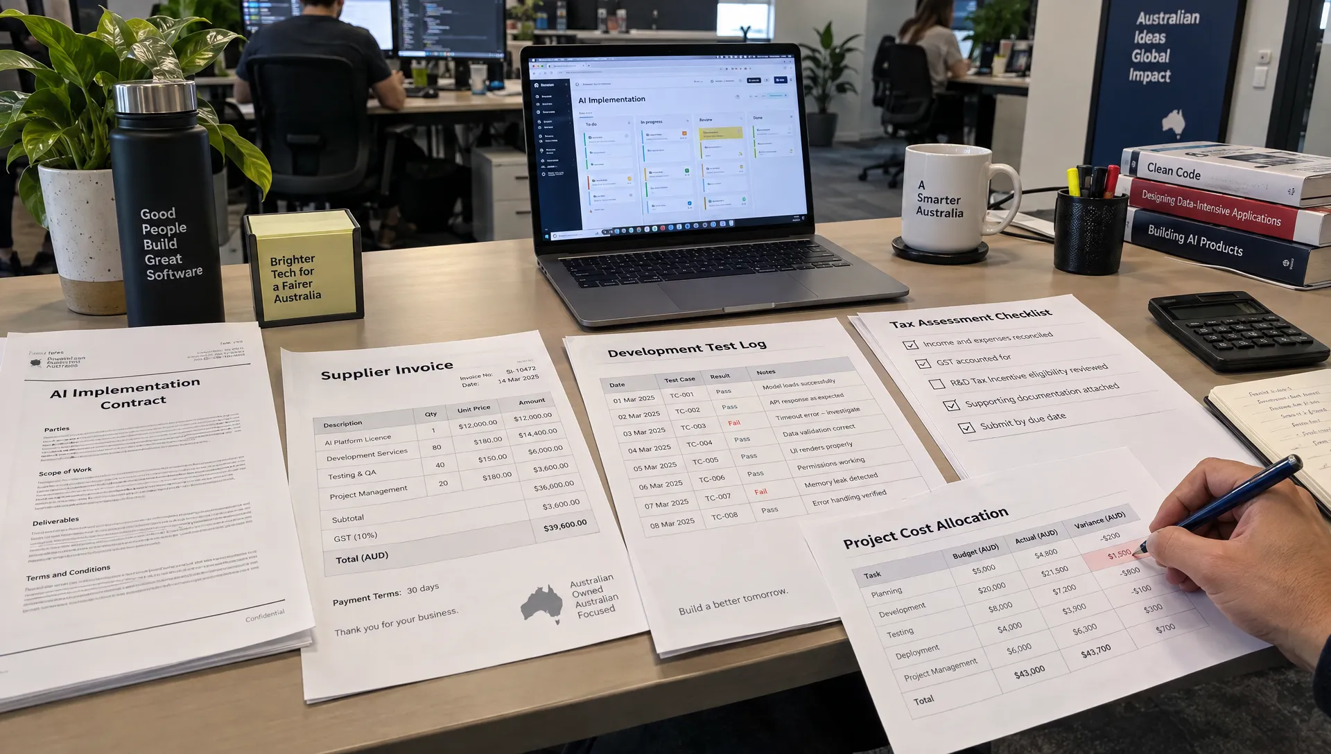 A reviewer cross-checks an AI implementation contract, itemised invoice and development records to support a business tax services assessment.