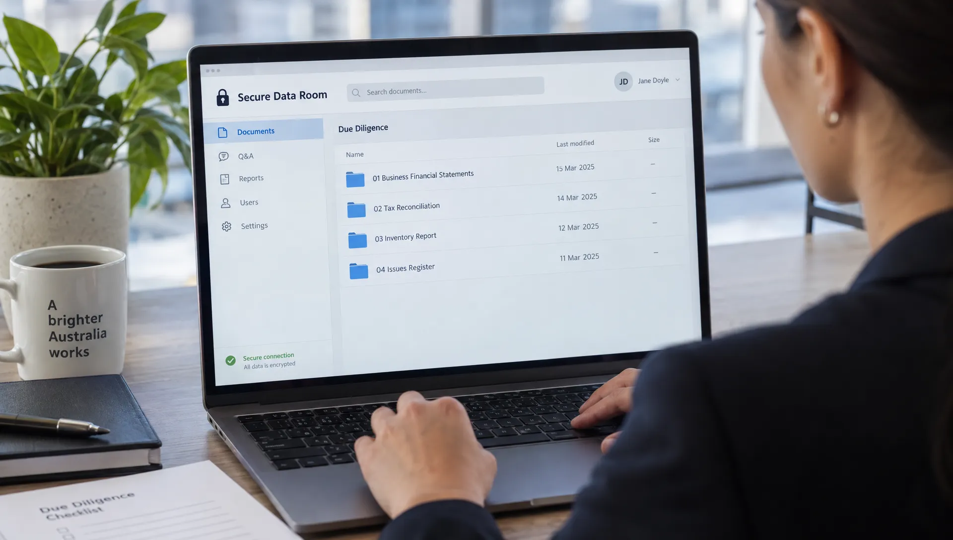 A securely accessed digital data room displays a business financial statement, tax reconciliation, inventory report and issues register for due diligence.