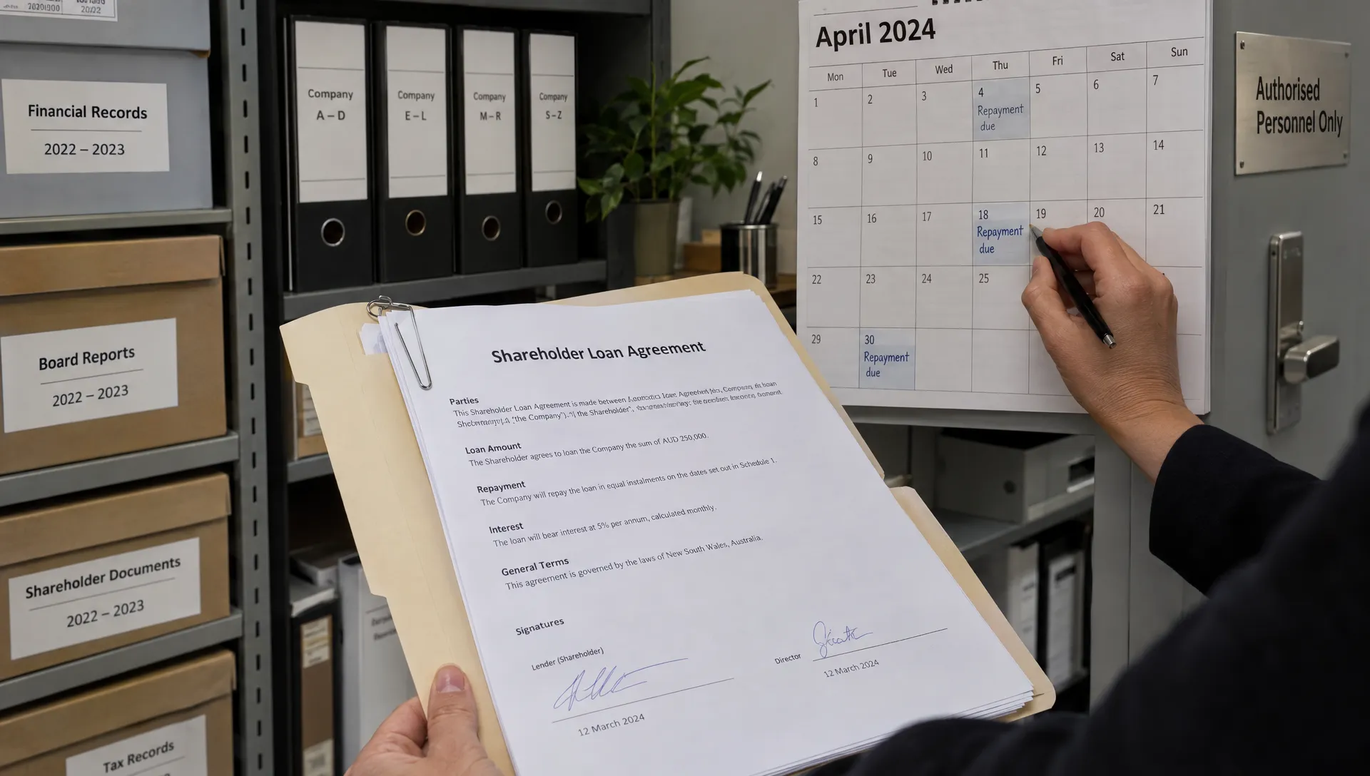 A shareholder loan agreement is checked against a repayment calendar in a company records room, showing the documentation behind Division 7A compliance.
