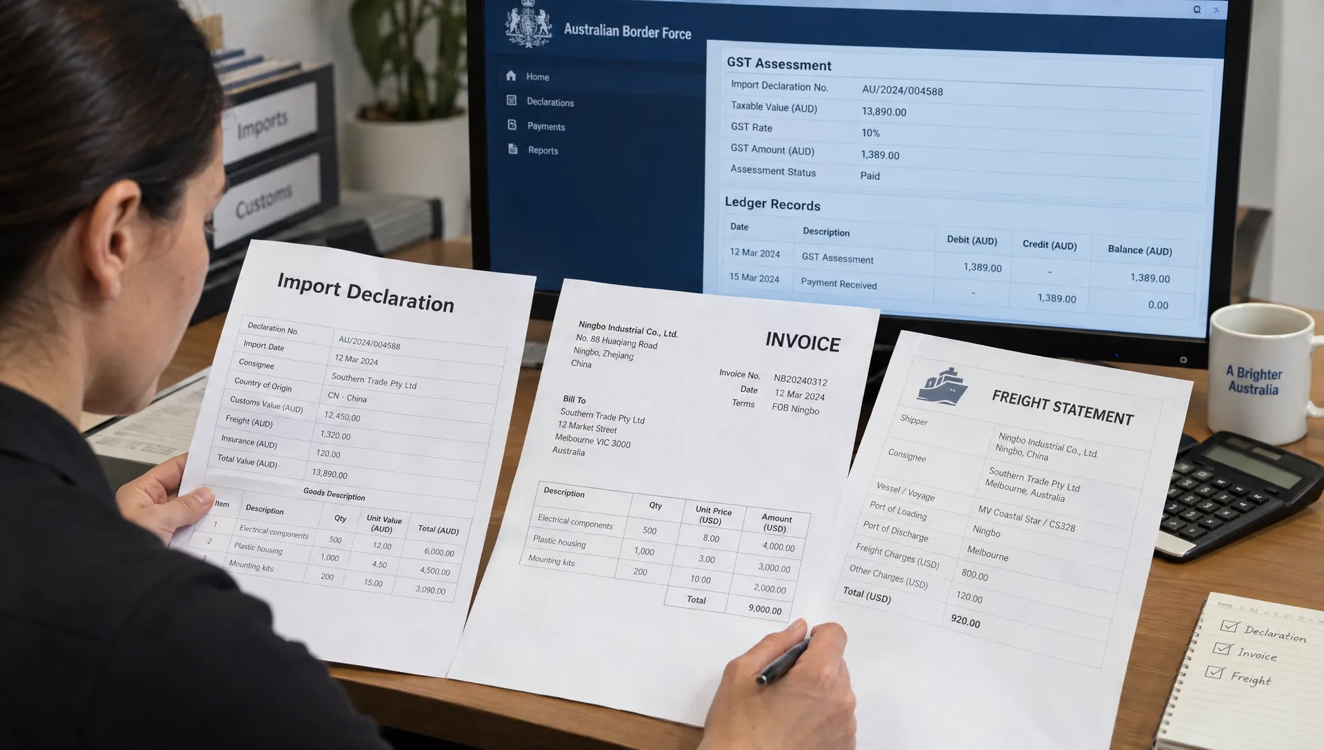 A shipment’s import declaration, overseas supplier invoice and freight statement are checked against the customs GST assessment and ledger records.