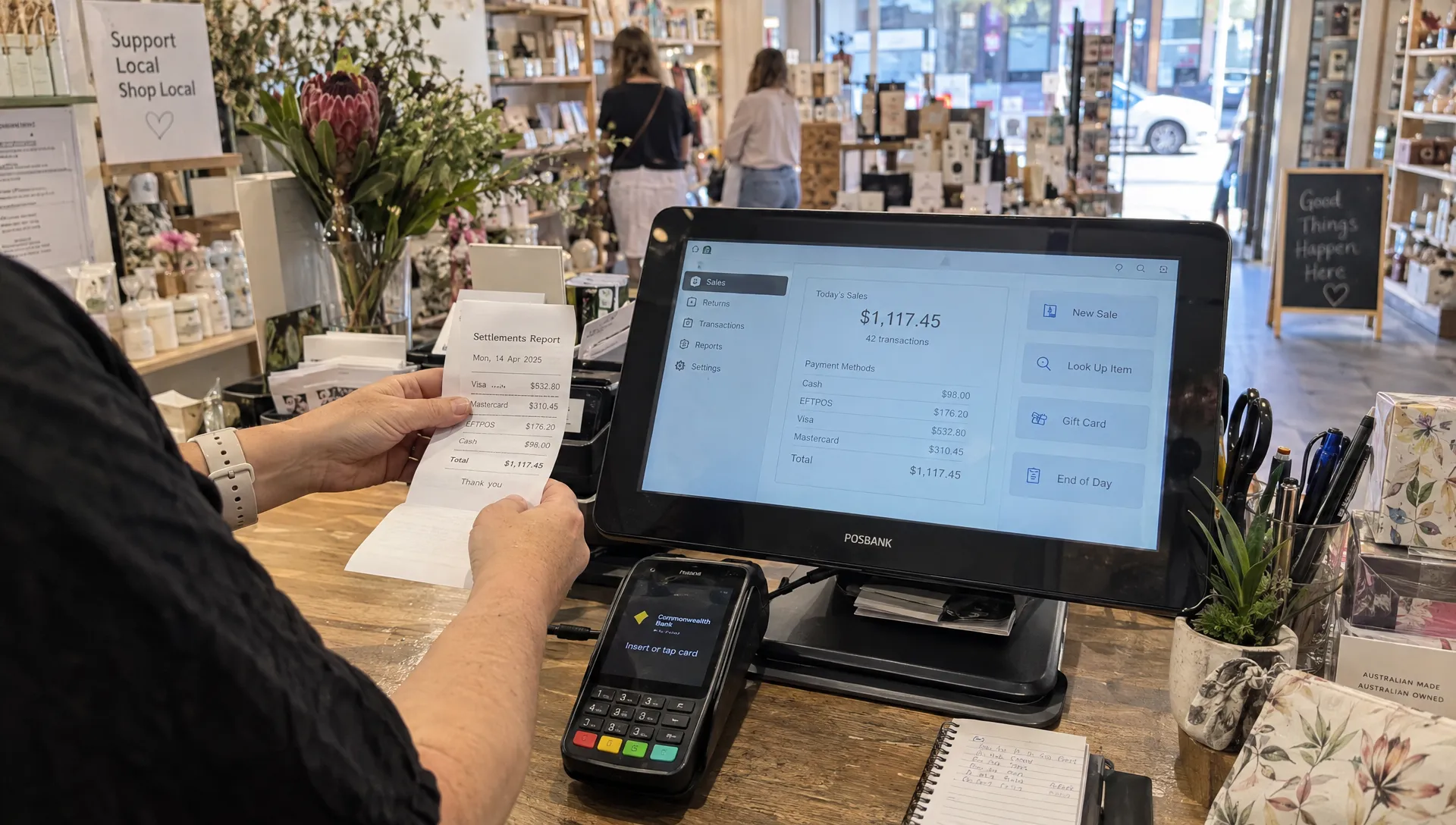 a-shop-owner-checks-a-payment-terminal-and-settlem-2b34898b-1791415669616 A shop owner checks a payment terminal and settlement slip at the counter while reconciling sales for GST reporting.