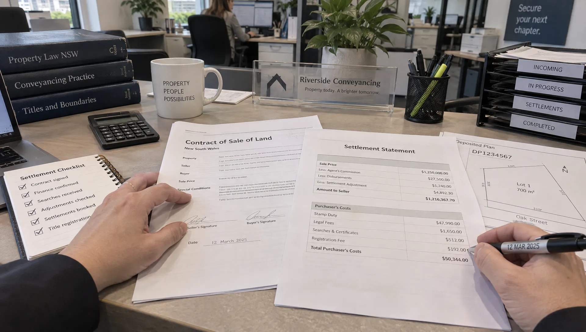 a-signed-property-sale-contract-and-settlement-sta-272228b0-1791085000423 A signed property sale contract and settlement statement are checked at a conveyancer’s office, highlighting transaction timing in a complex tax return.
