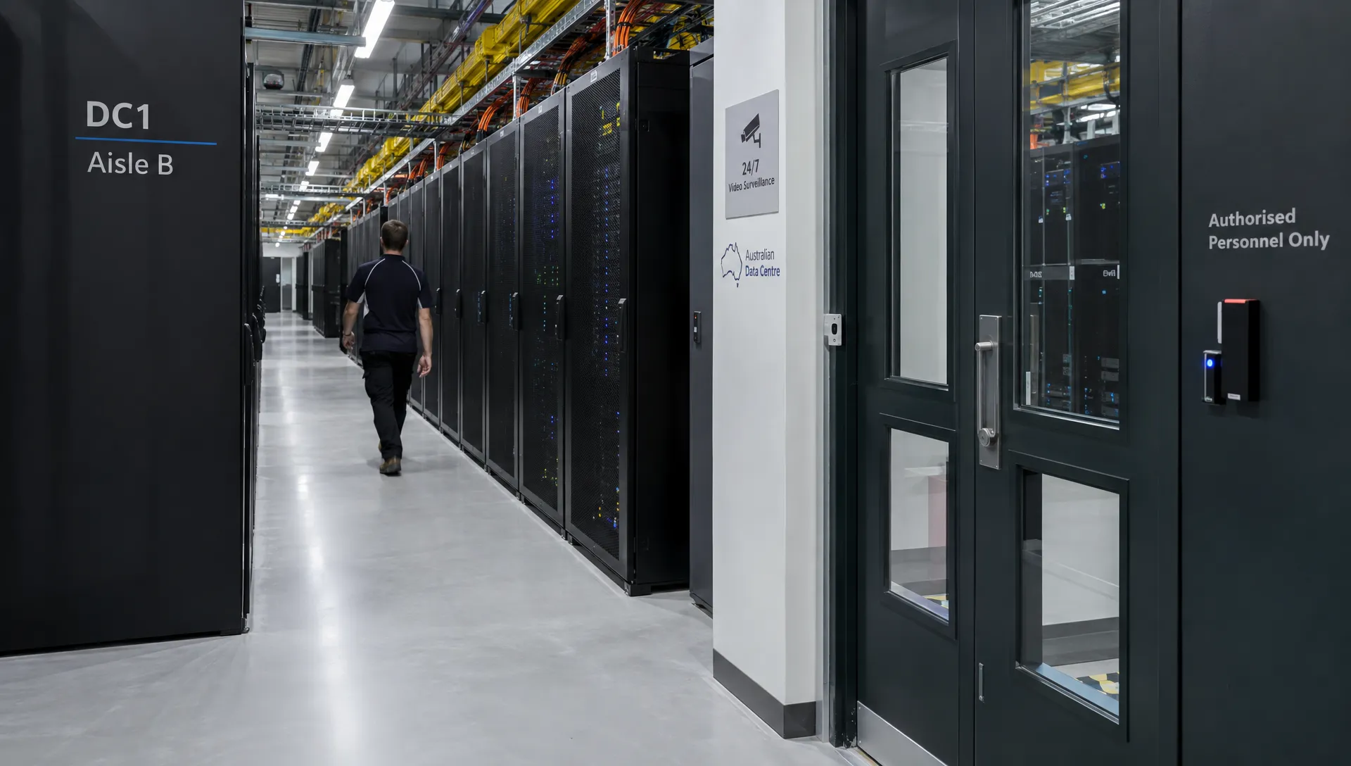 A staff member walks past secured server racks in an Australian data centre supporting the protection of tax and accounting records.