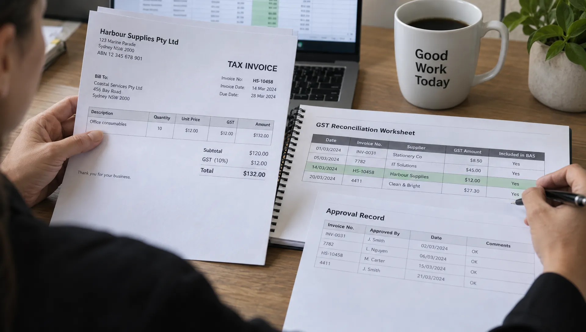 A supplier tax invoice showing an ABN and GST amount is checked against a reconciliation worksheet and dated approval record during a business GST review.
