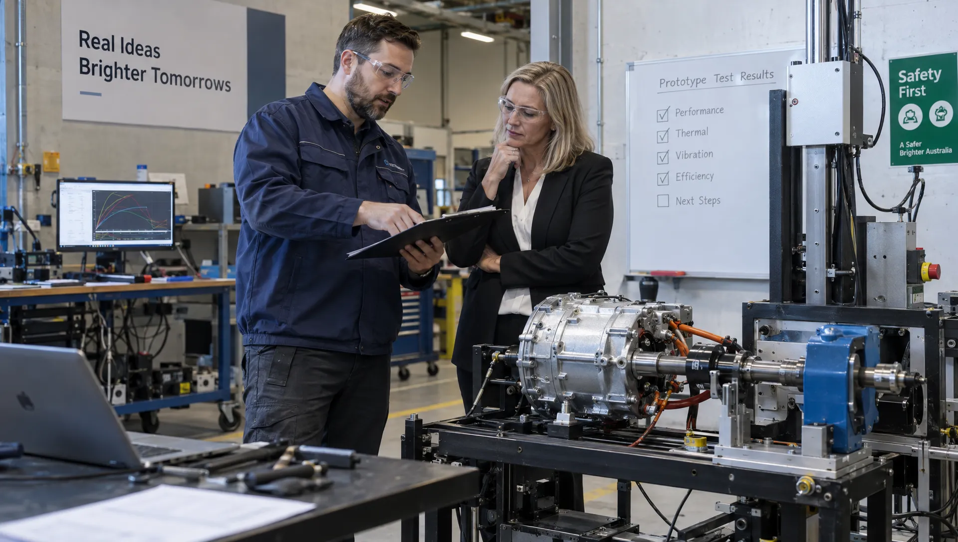 A technical lead explains prototype test results to a company director as they discuss evidence for an R&D tax claim.