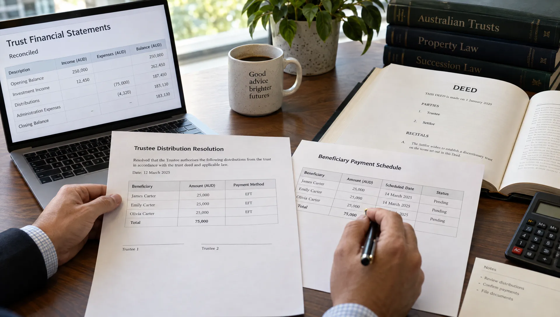A trustee distribution resolution and beneficiary payment schedule are checked against reconciled trust financial statements beside an open deed.