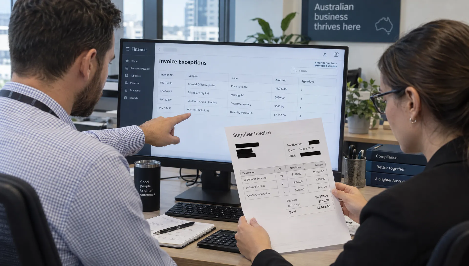 Accounting professionals verify a redacted invoice against its source record and review an AI exception queue before approval.