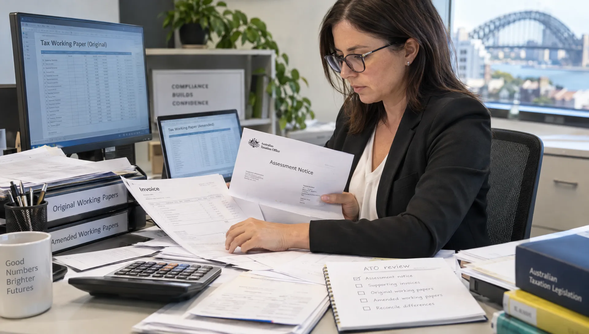 An accountant checks an assessment notice and supporting invoices against original and amended tax working papers at a document review station.