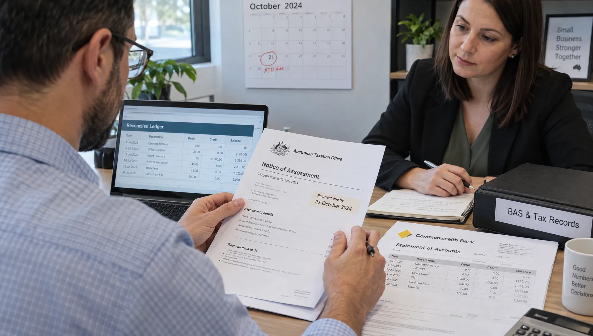 An accountant checks an ATO deadline against bank statements and a reconciled ledger while reviewing an overdue tax return.