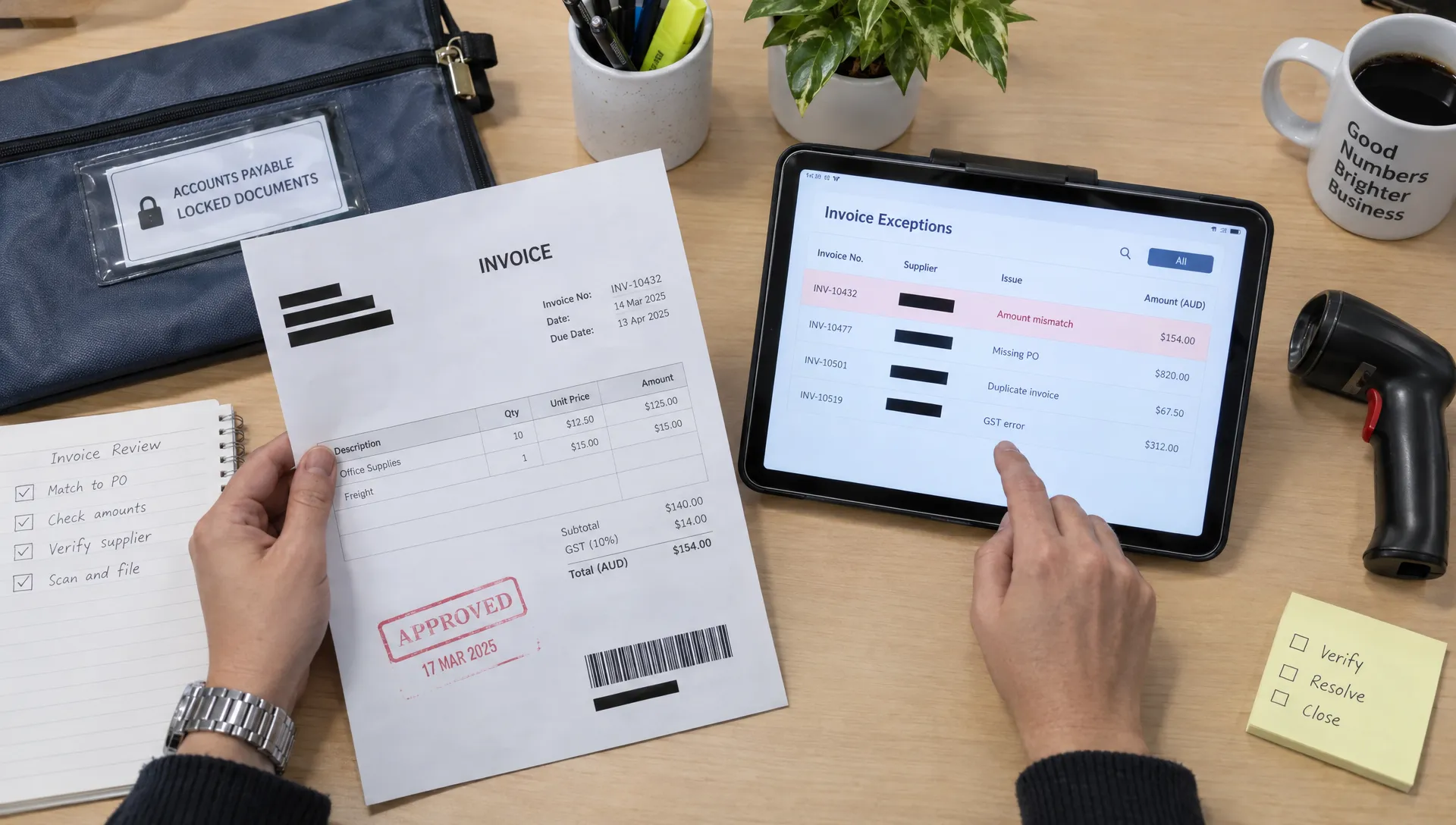 an-accountant-checks-an-invoice-against-a-scanned–07a41340-1792624386431 An accountant checks an invoice against a scanned record and marks an exception for approval in an AI-supported workflow.