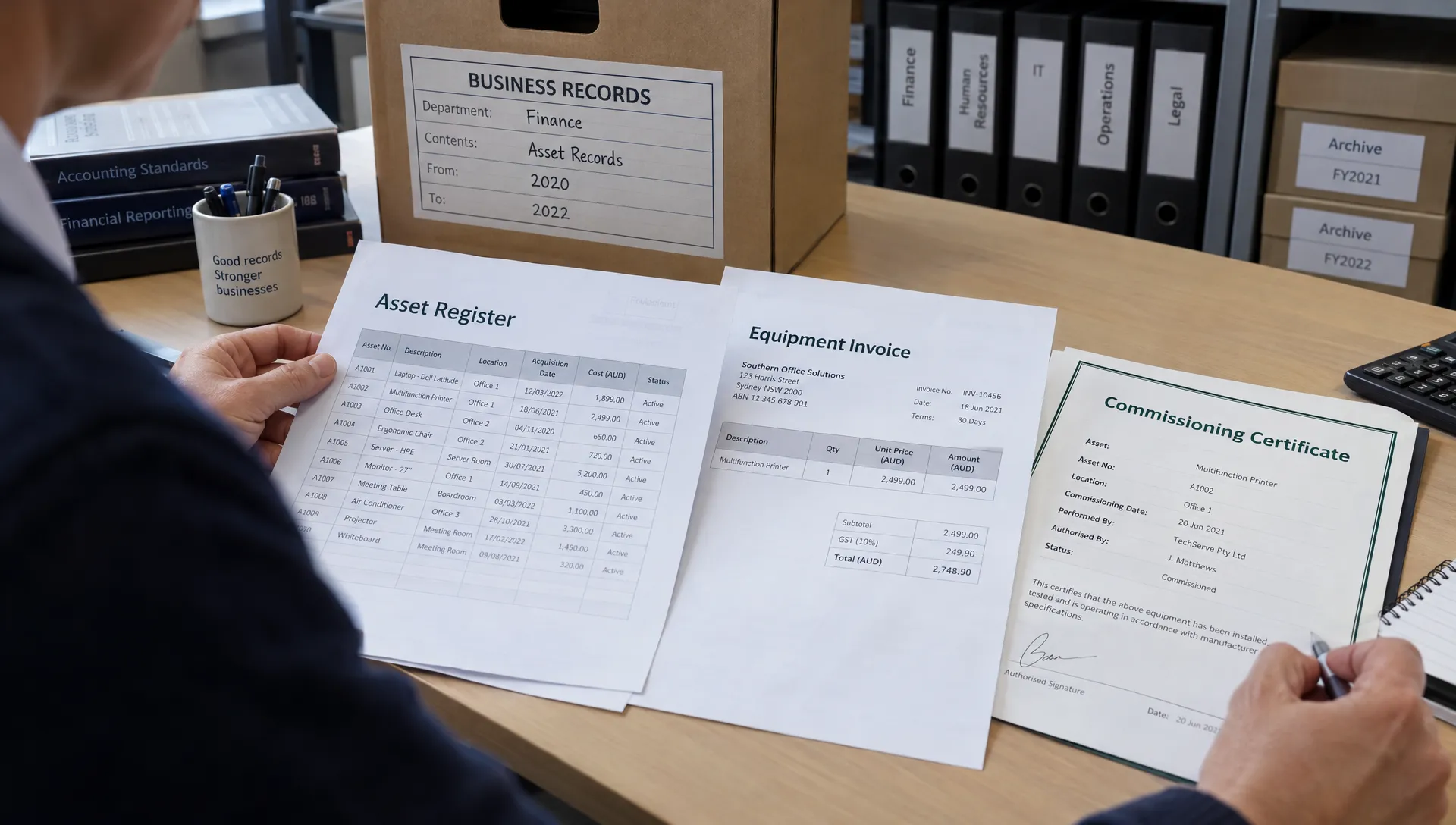 an-accountant-compares-an-asset-register-equipment-205ae830-1791500606561 An accountant compares an asset register, equipment invoice and commissioning certificate while checking records for a tax return correction.