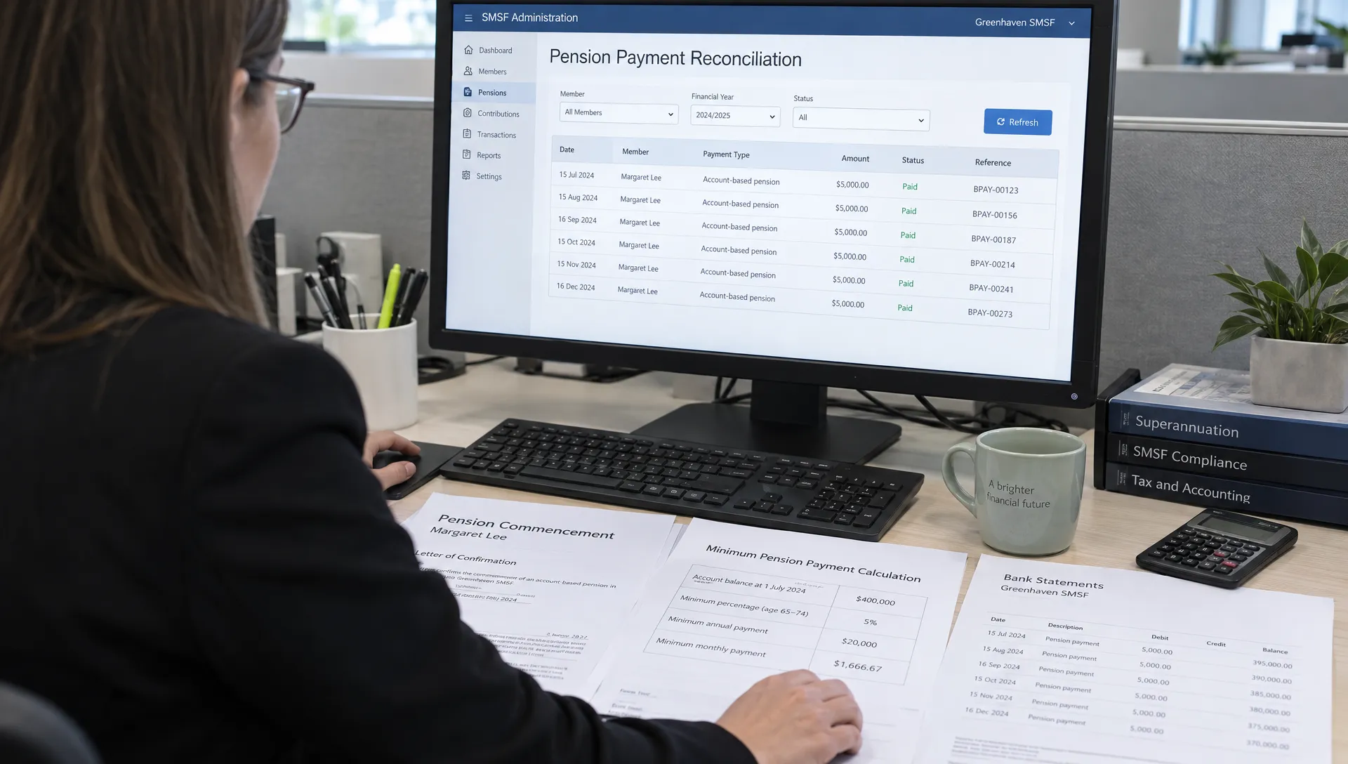 An accountant reconciles SMSF pension payments against commencement papers, minimum payment calculations and bank statements.
