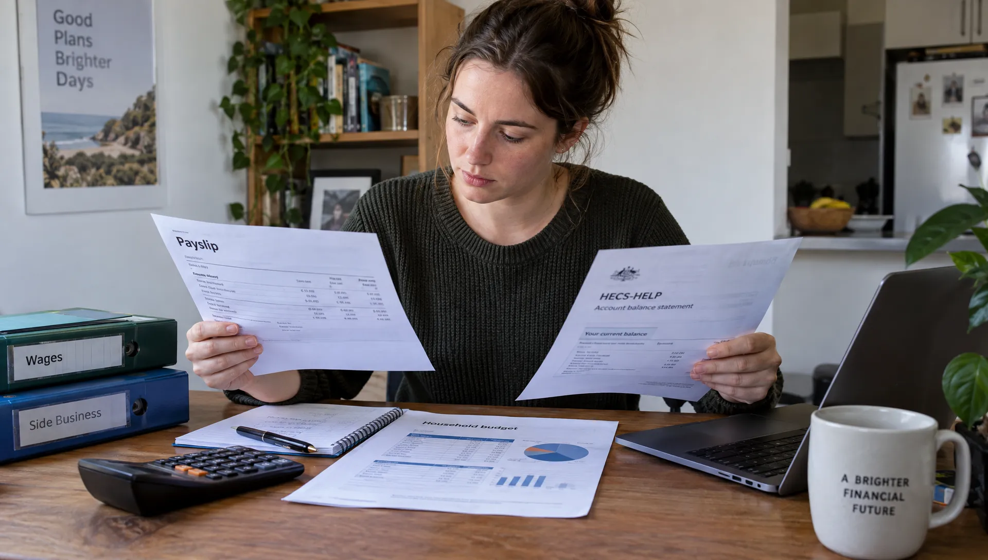 An adult student worker compares a payslip, HECS-HELP balance statement and household budget on a desk, with a calculator and folders for wages and side-business records.