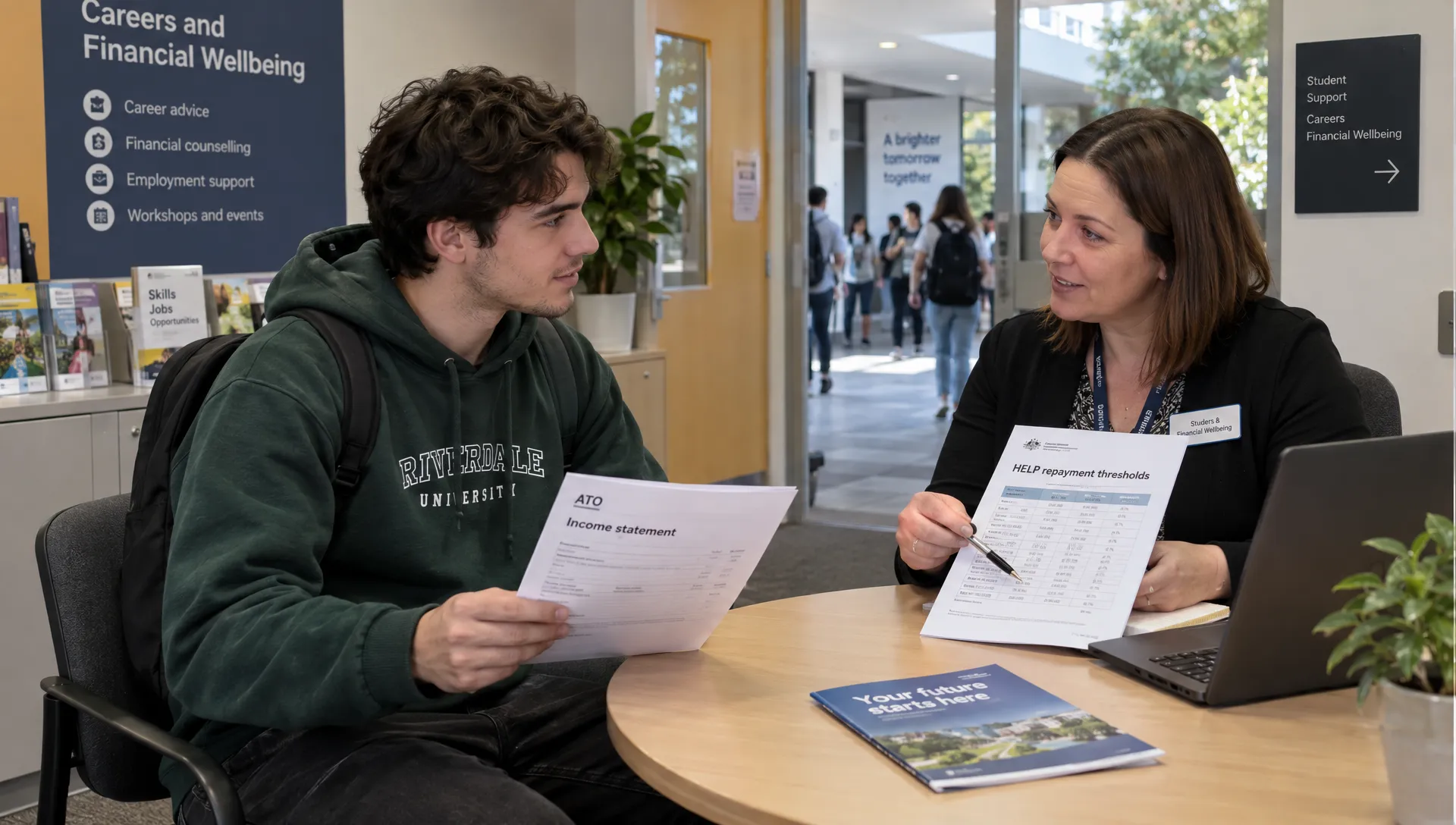 an-adult-student-worker-discusses-an-ato-income-st-99774c1a-1791248515510 An adult student worker discusses an ATO income statement and HELP repayment thresholds with a financial counsellor in a university office.