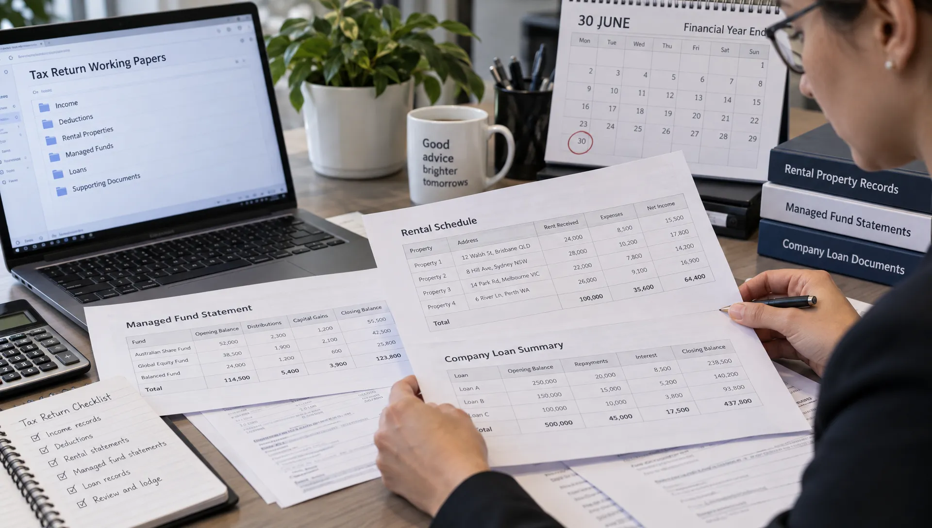 An adviser checks rental schedules, managed fund statements and company loan records beside a financial year-end calendar during a complex tax return review.