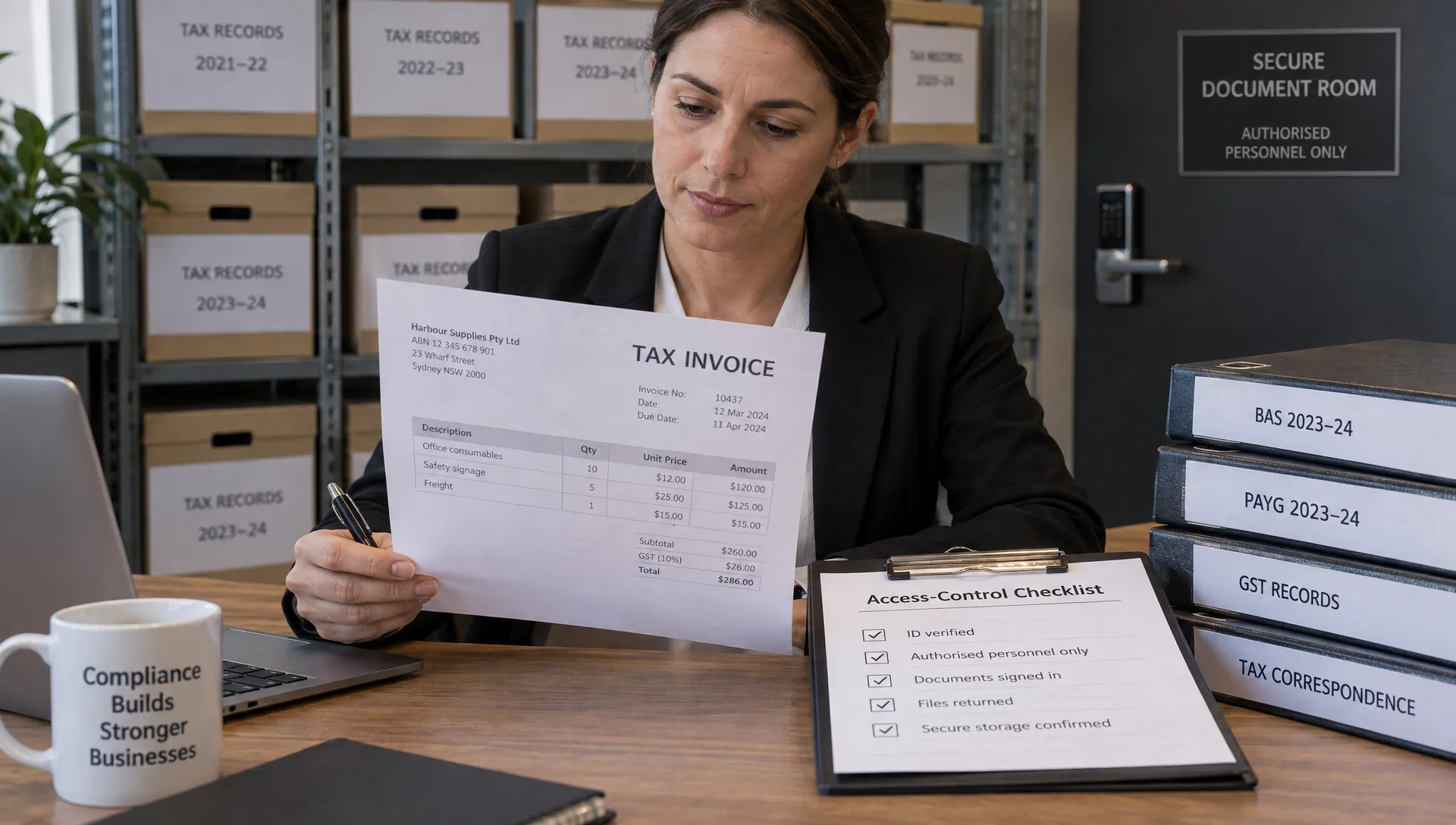 An adviser reviews a business invoice beside an access-control checklist and organised tax records in a secure document room.