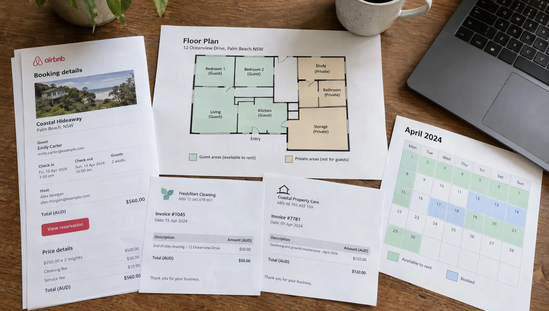 An Airbnb booking statement and rental invoices beside a floor plan marking guest and private areas, with a calendar recording when the property was available to rent.